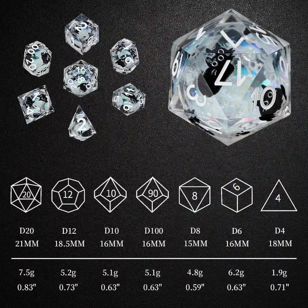 Cool dice sets: 7 gold font polyhedron dnd black cat resin dice - Bear Dice