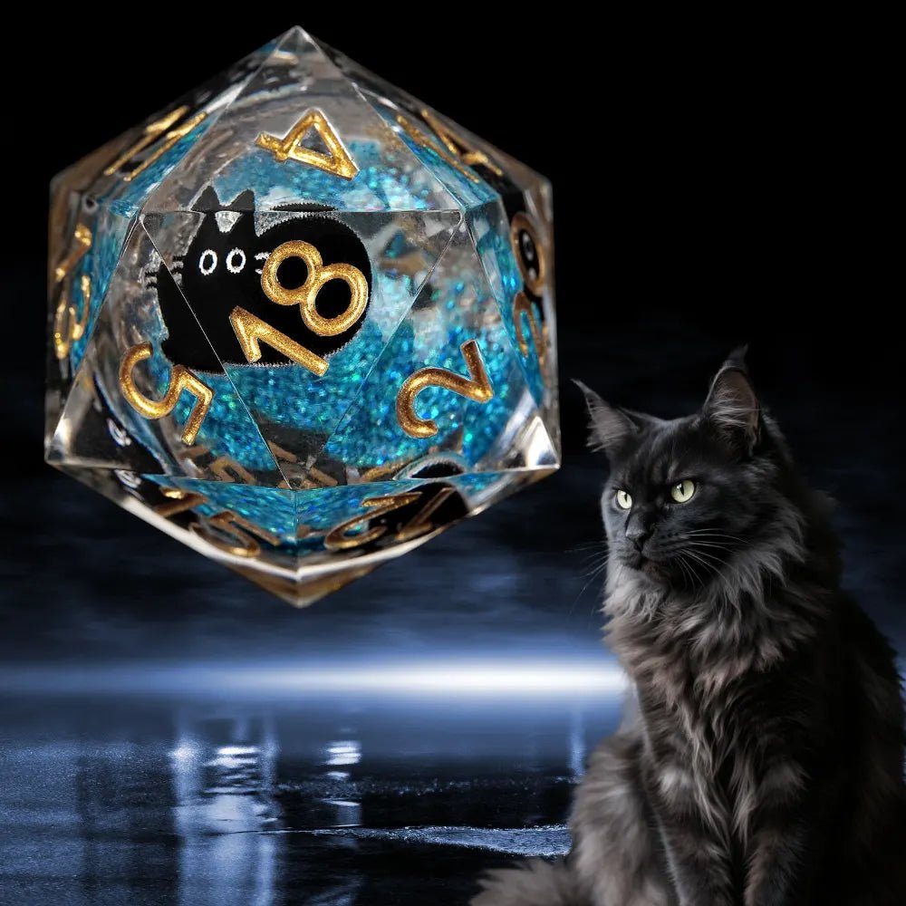 Cool dice sets: 7 gold font polyhedron dnd black cat resin dice - Bear Dice