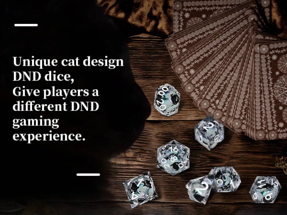 Cool dice sets: 7 gold font polyhedron dnd black cat resin dice - Bear Dice