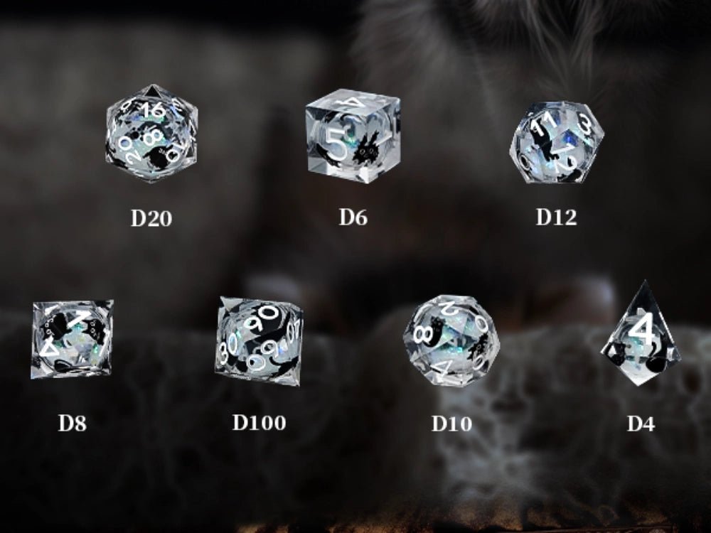 Cool dice sets: 7 gold font polyhedron dnd black cat resin dice - Bear Dice