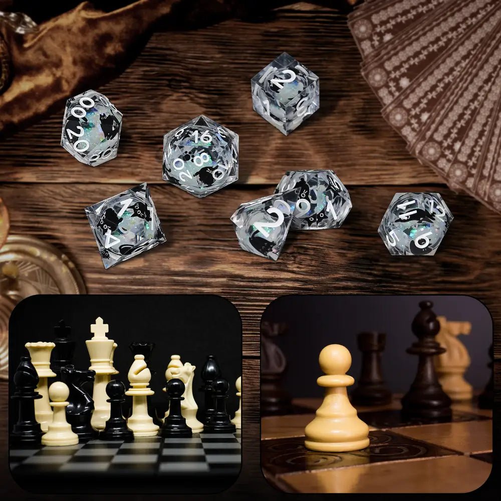 Cool dice sets: 7 gold font polyhedron dnd black cat resin dice - Bear Dice