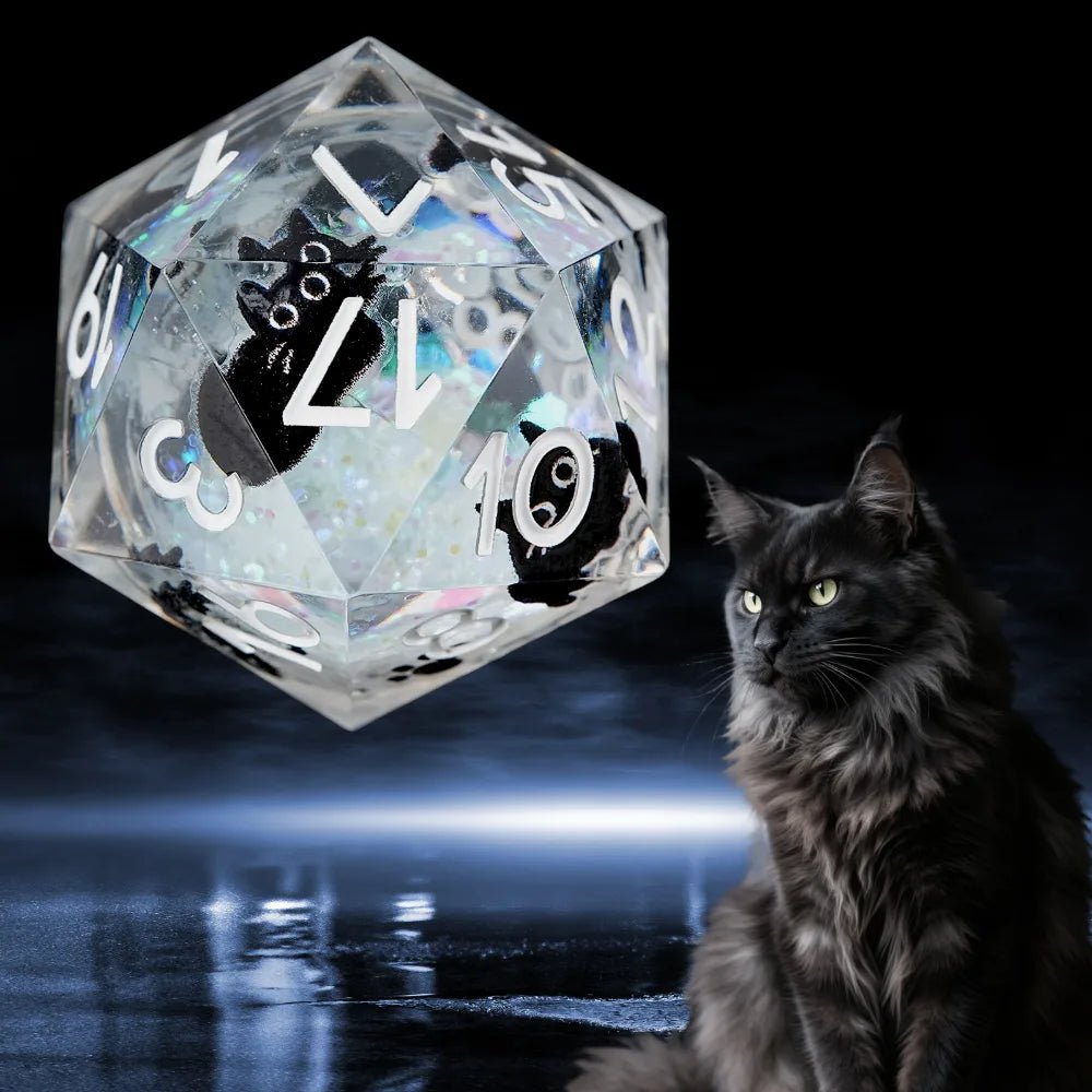 Cool dice sets: 7 gold font polyhedron dnd black cat resin dice - Bear Dice