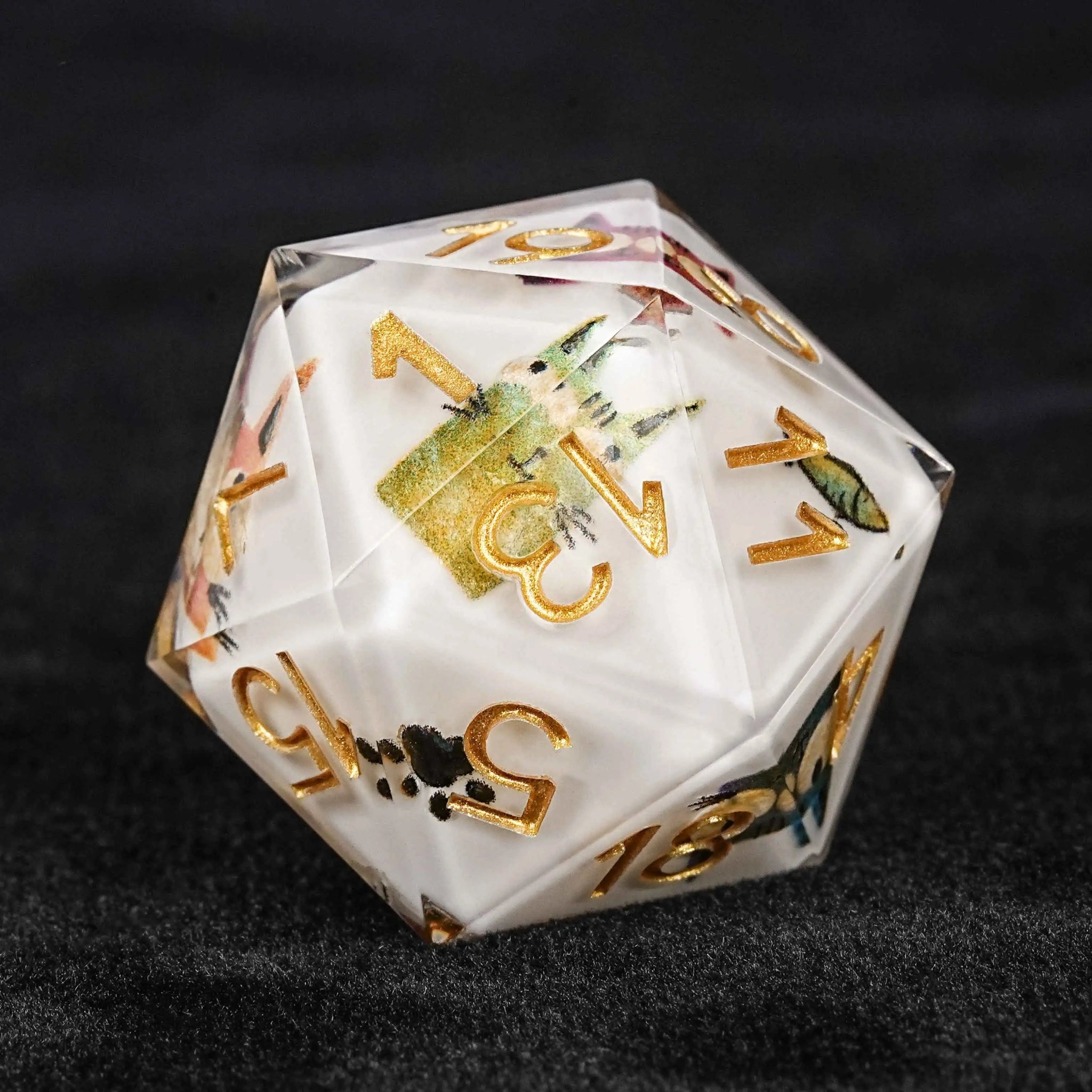 Unique dice set: cute cartoon laughing cat transparent resin dnd D20 dice with gold engraved numbers | Bear dice