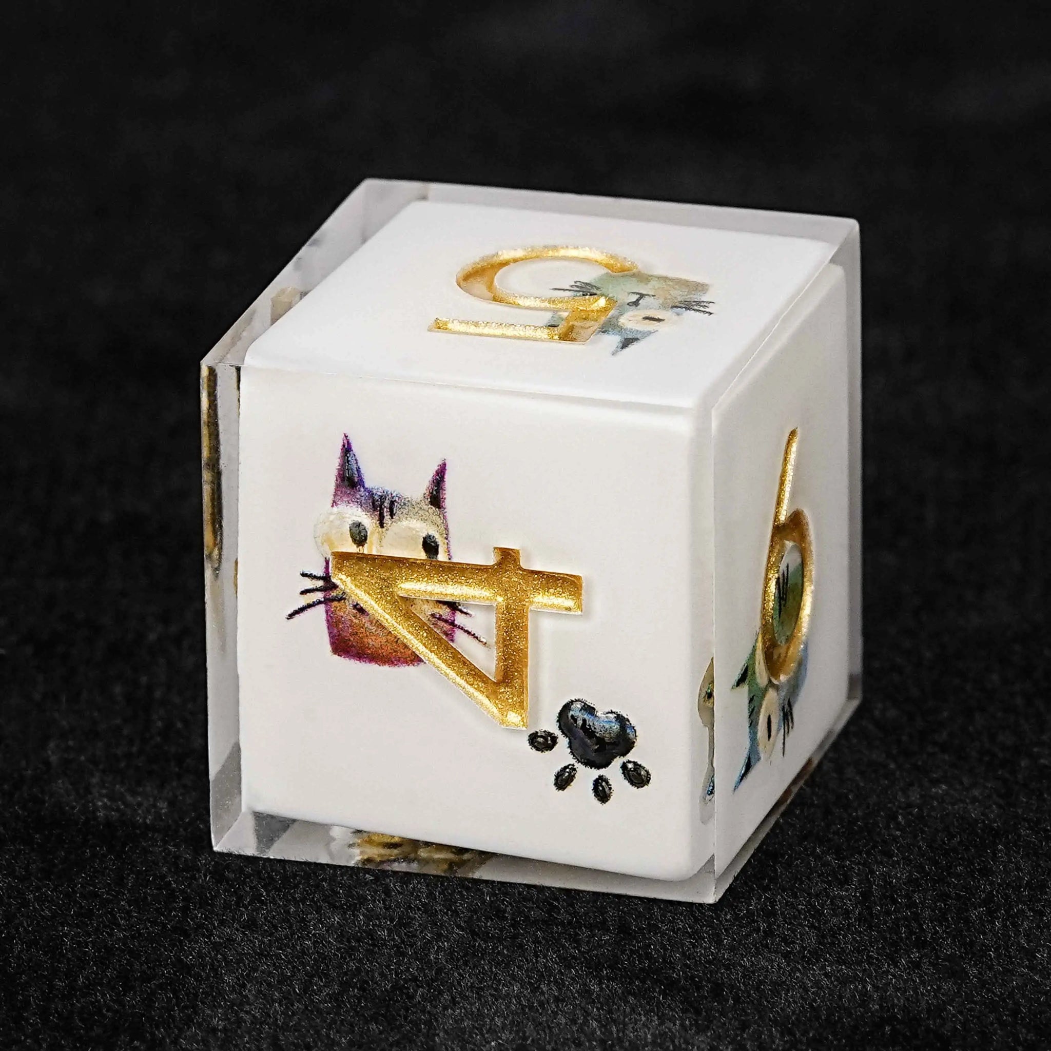 Unique dice set: cute cartoon laughing cat transparent resin dnd D6 dice with gold engraved numbers | Bear dice