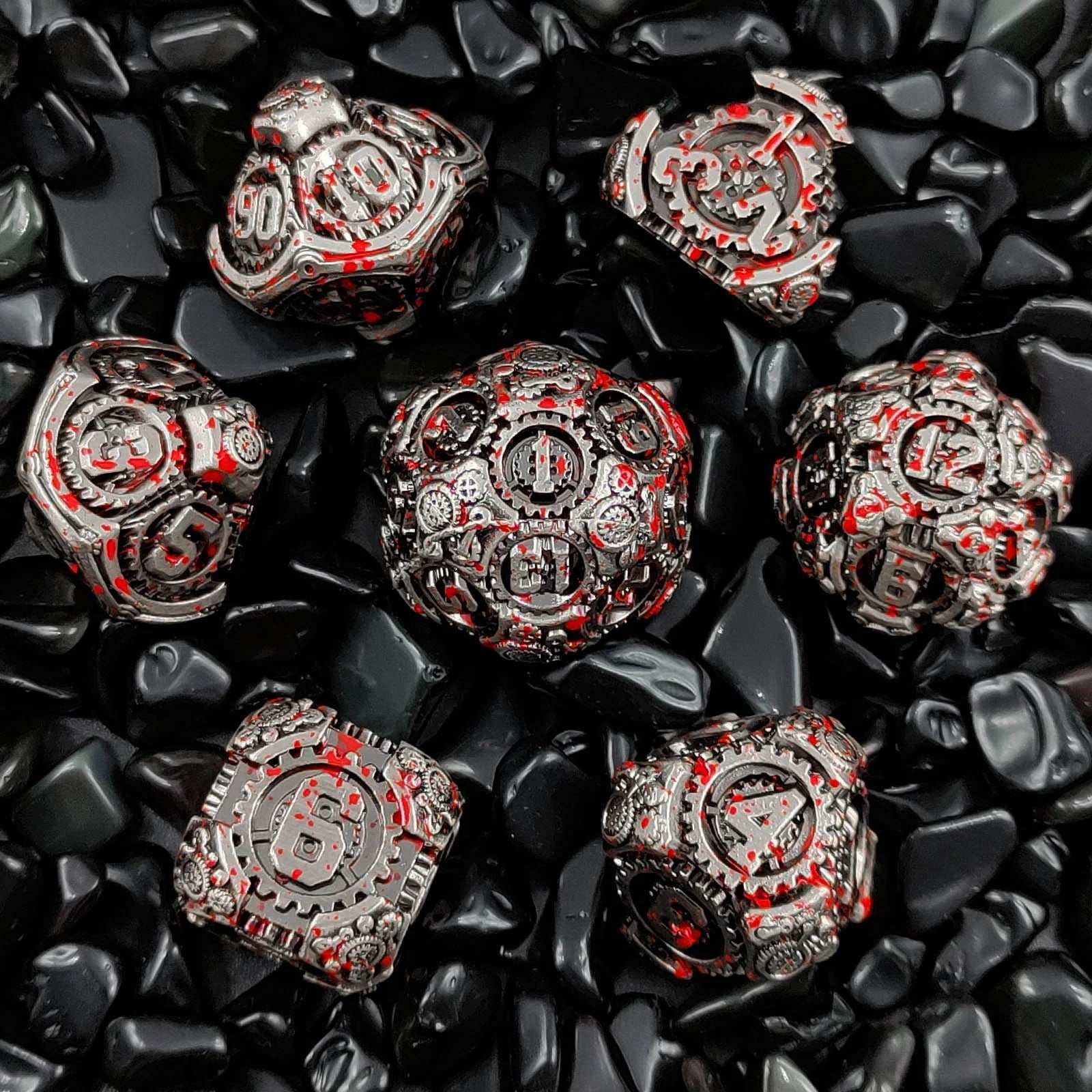 Bloodstained gear solid metal polyhedral dice