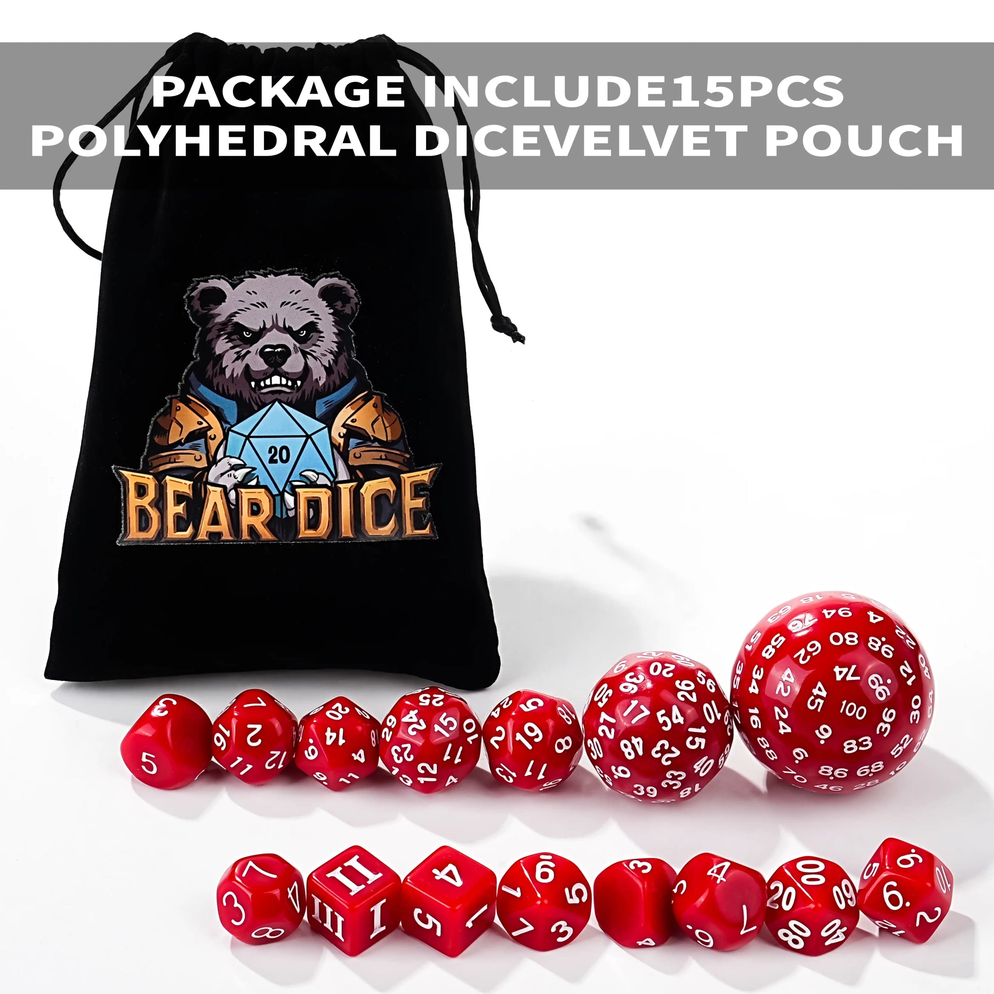 D100 - 15pcs Red Acrylic Polyhedron Dice Set - Bear Dice