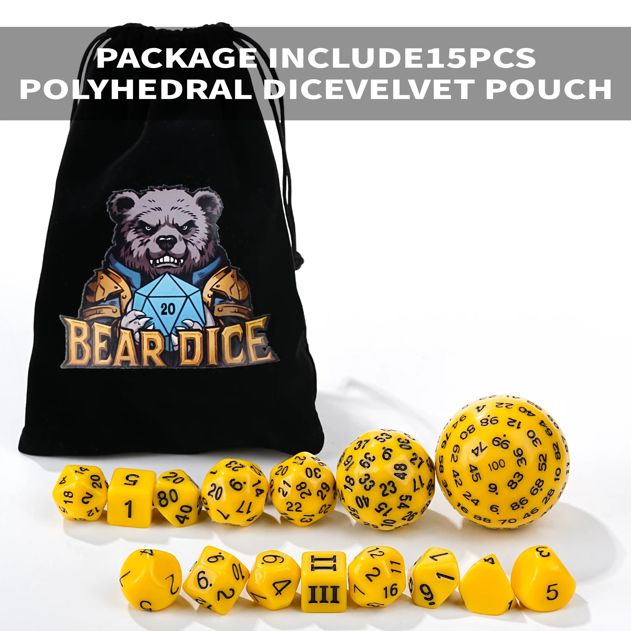 D100 - 15pcs Yellow Acrylic Polyhedron Dice Set - Bear Dice