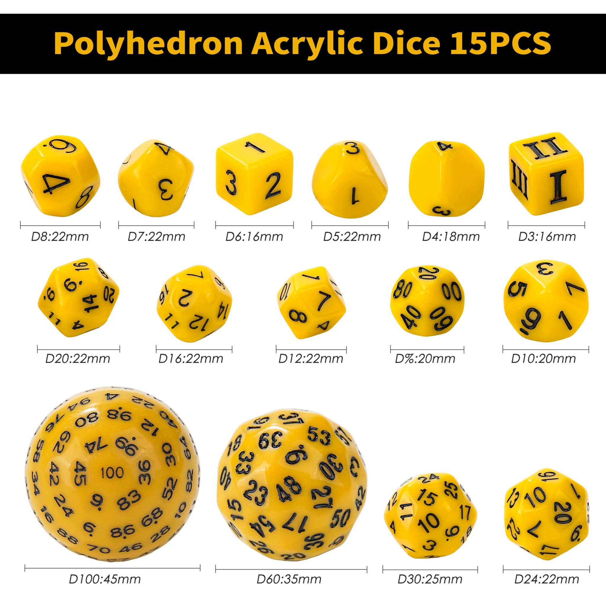 D100 - 15pcs Yellow Acrylic Polyhedron Dice Set - Bear Dice
