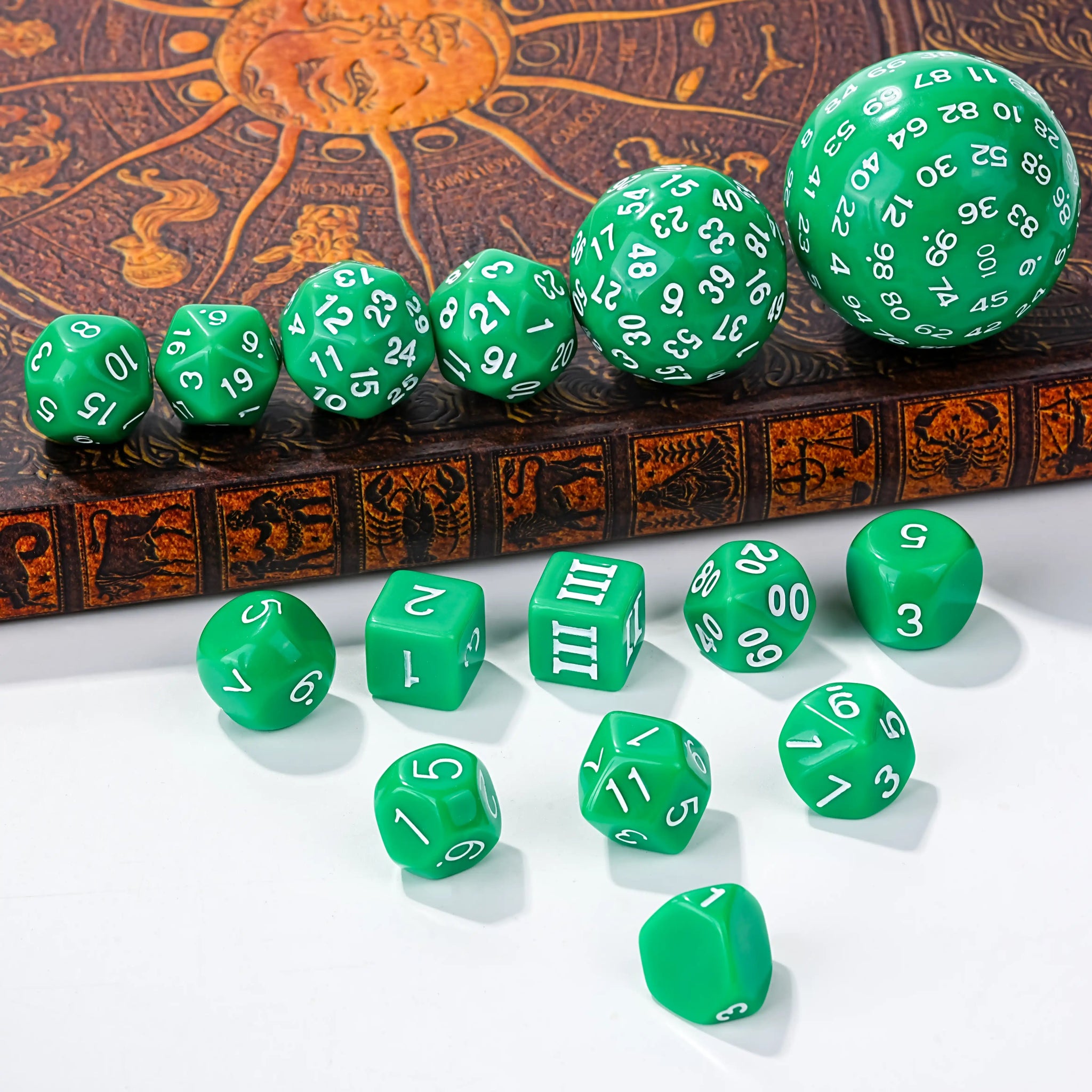 D100 Dice Set - 15 Green Acrylic Polyhedron Dice - Bear Dice