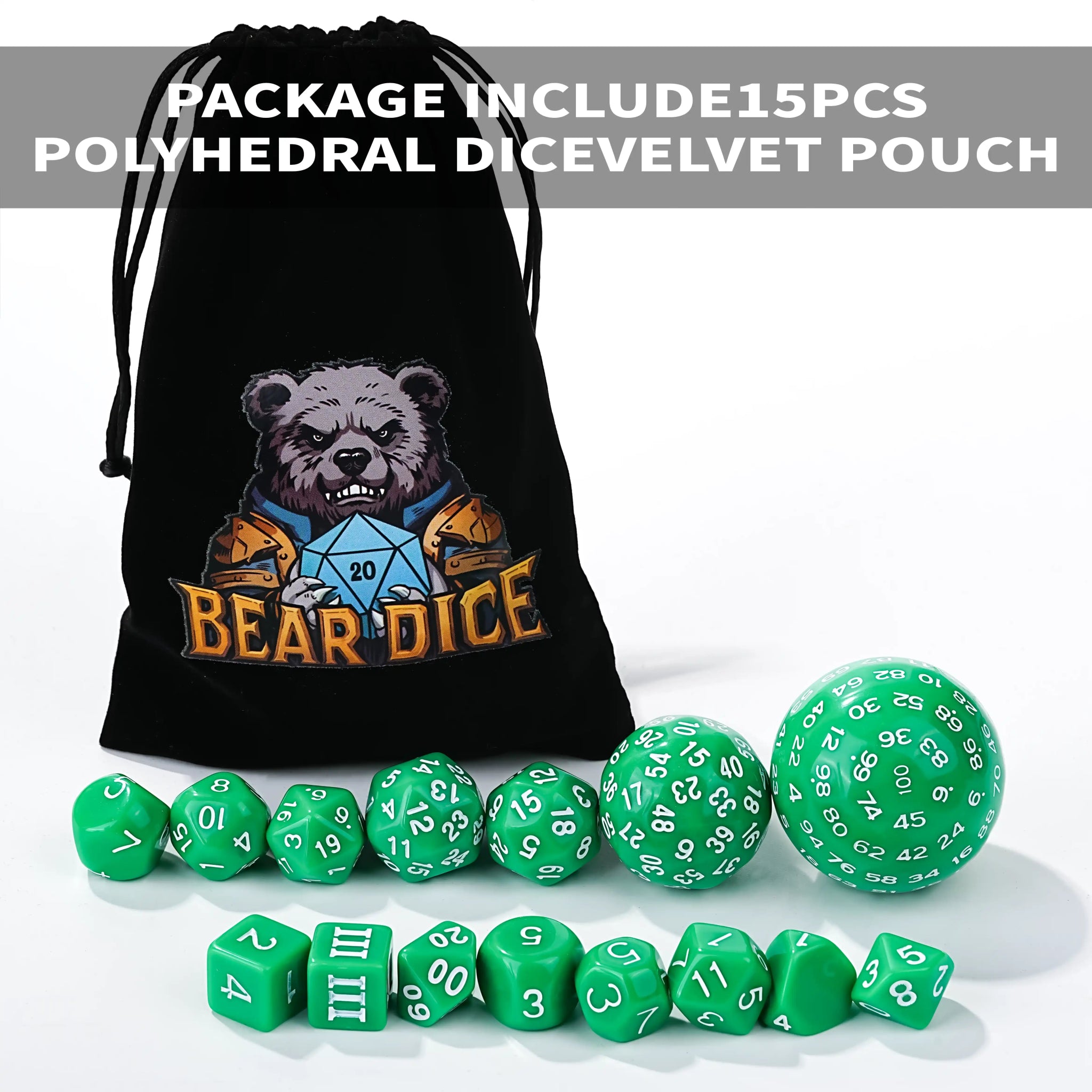 D100 Dice Set - 15 Green Acrylic Polyhedron Dice - Bear Dice