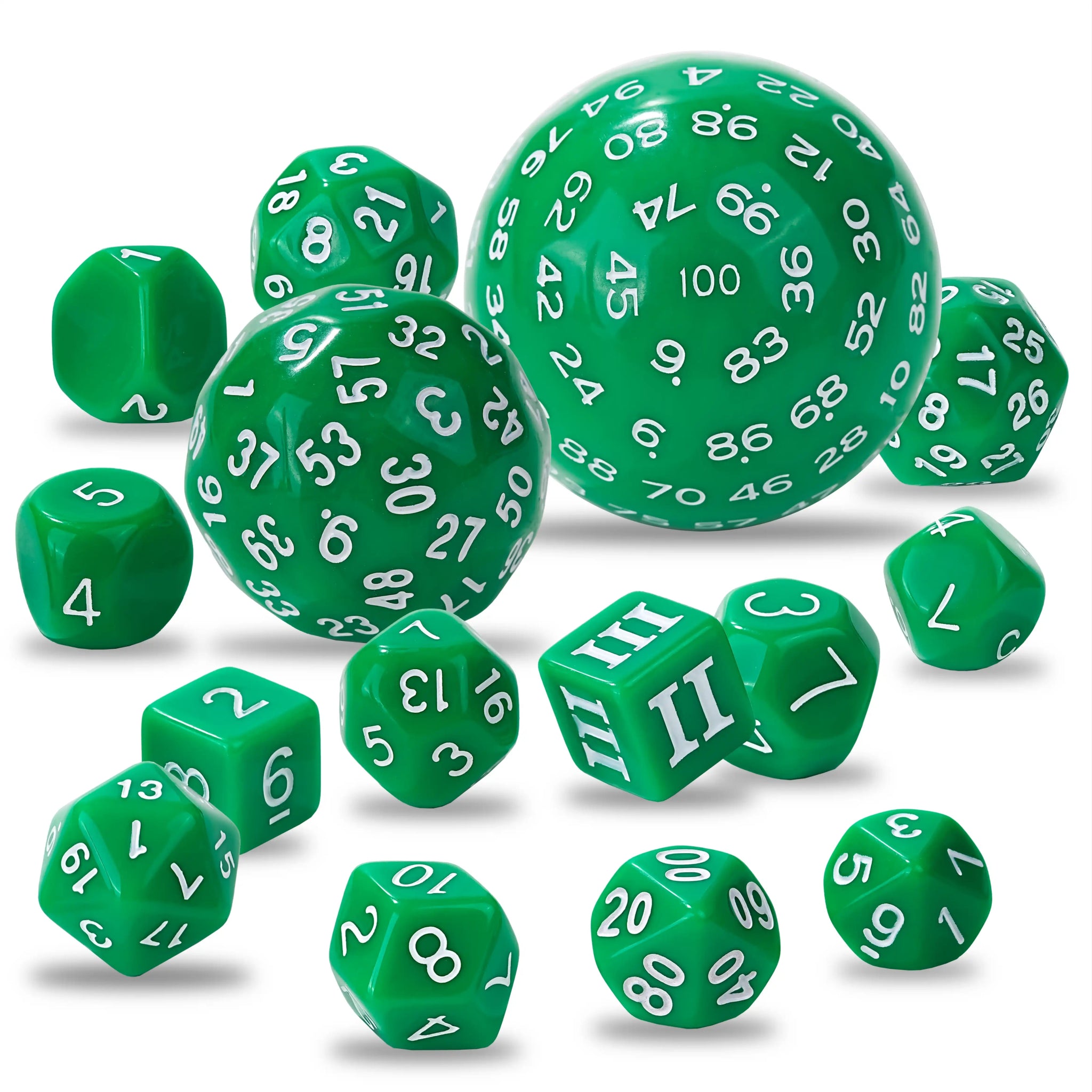 D100 Dice Set - 15 Green Acrylic Polyhedron Dice - Bear Dice