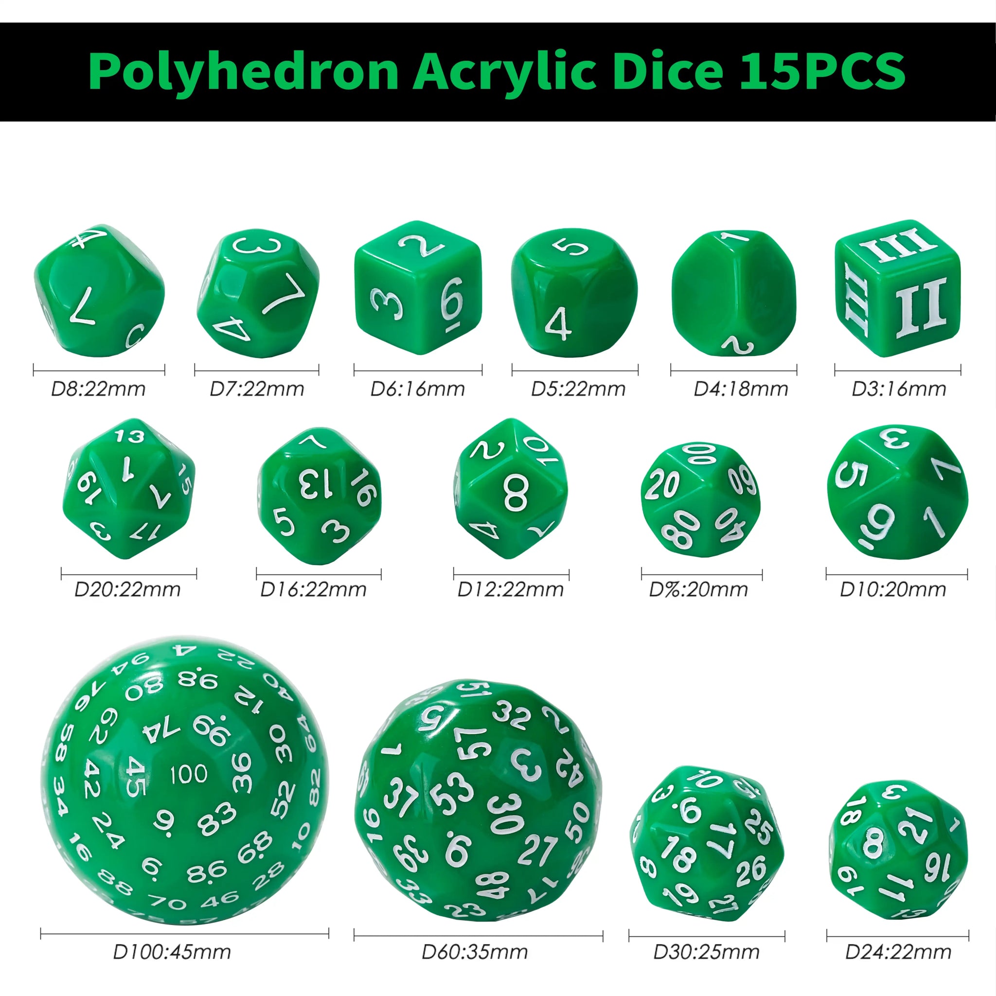 D100 Dice Set - 15 Green Acrylic Polyhedron Dice - Bear Dice