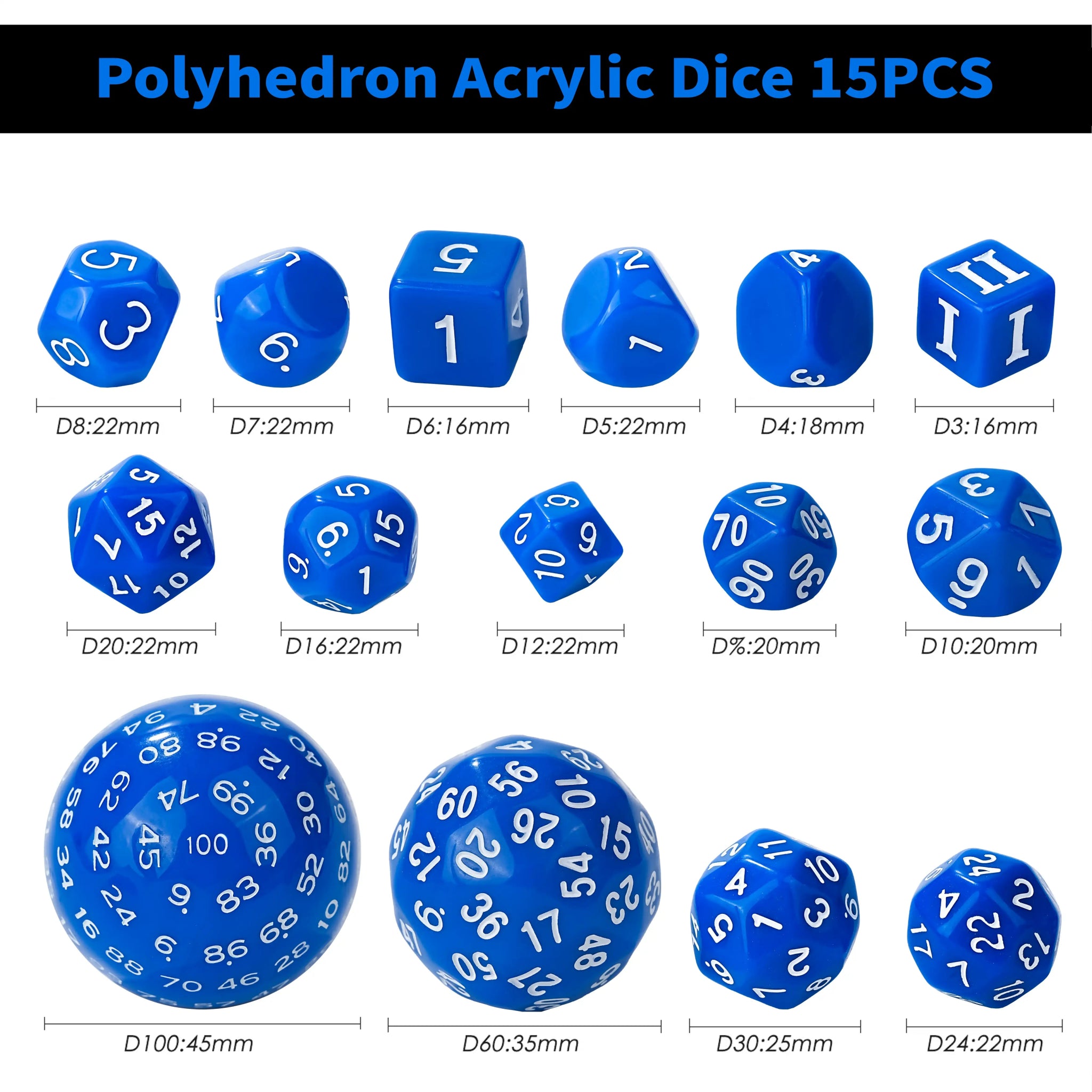D100 Dice Set - 15pcs Blue Acrylic Polyhedron Dice - Bear Dice
