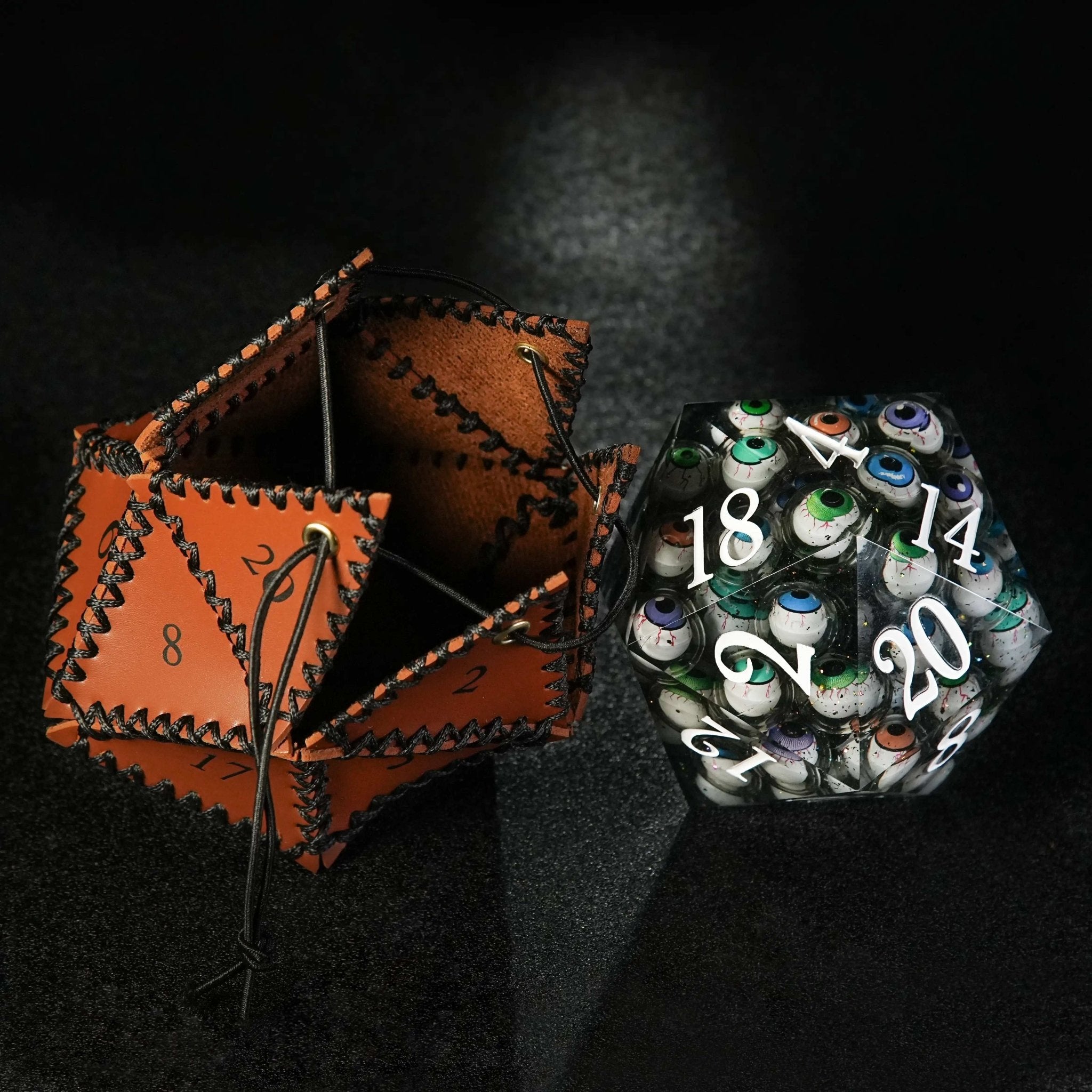 D20 Polygon Brown Leather Dice Drawstring Bag - Bear Dice