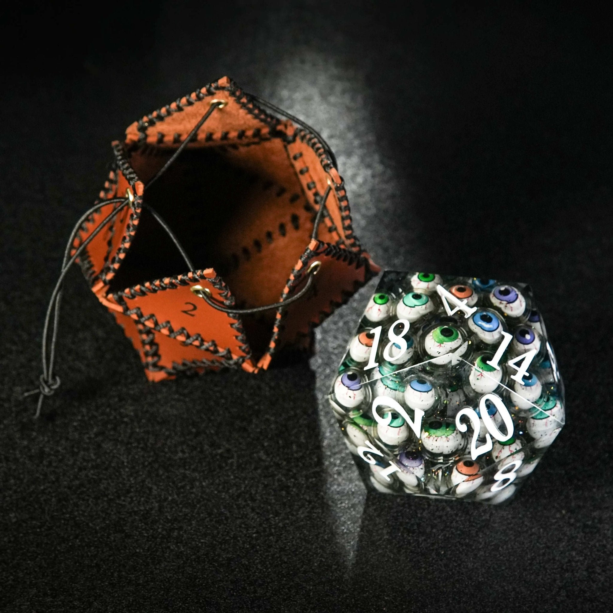D20 Polygon Brown Leather Dice Drawstring Bag - Bear Dice