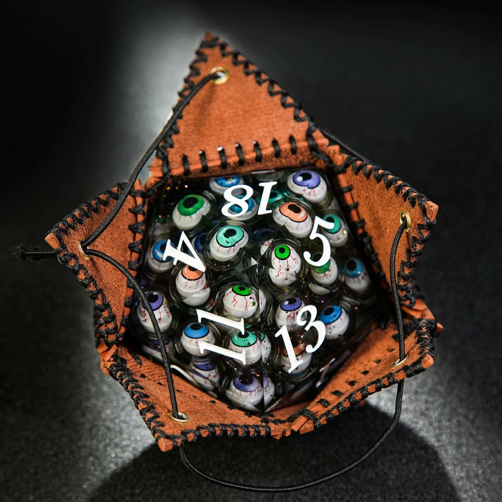 D20 Polygon Brown Leather Dice Drawstring Bag - Bear Dice