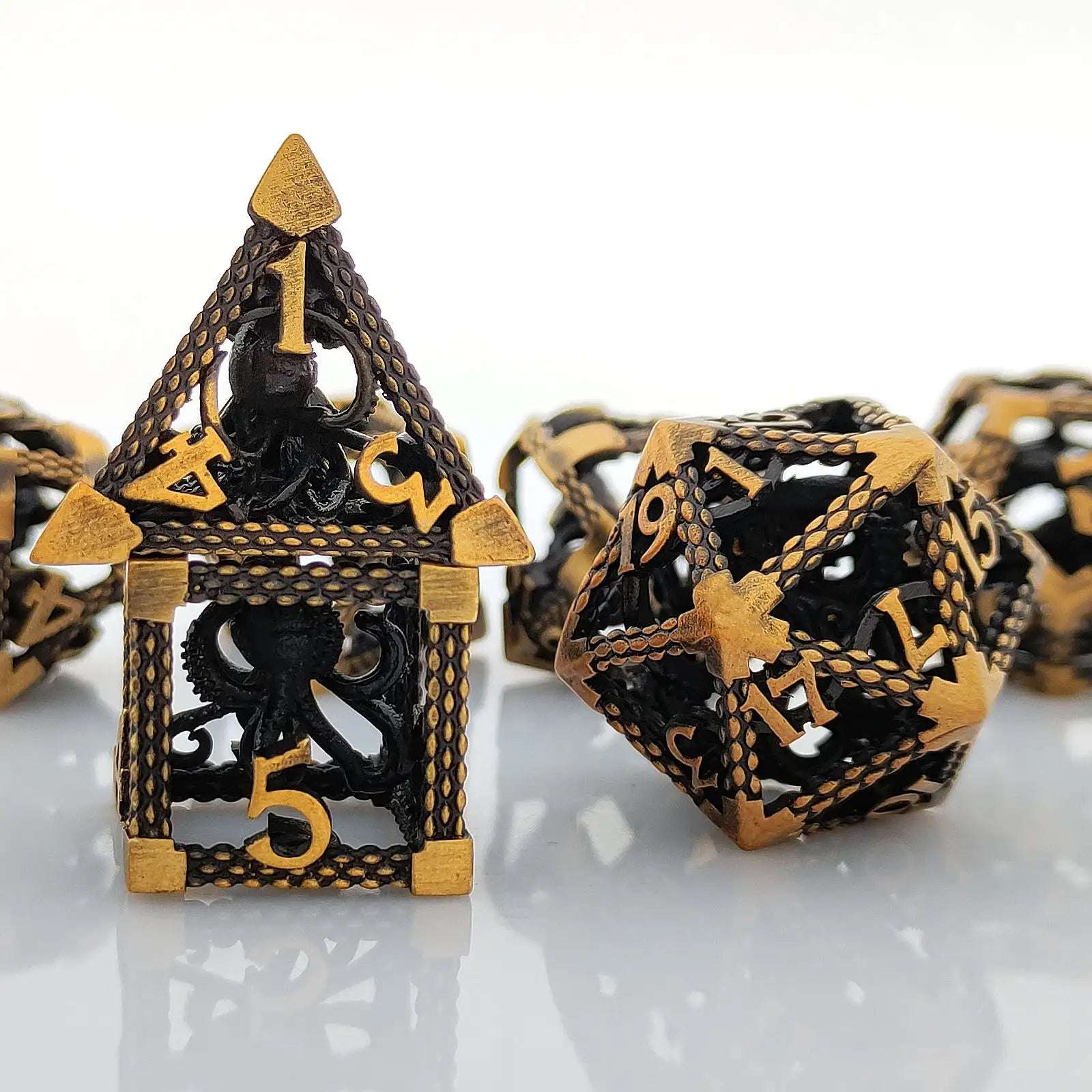 Deep Sea Monster - Gold 3D Octopus Hollow Metal RPG Dice Set - Bear Dice