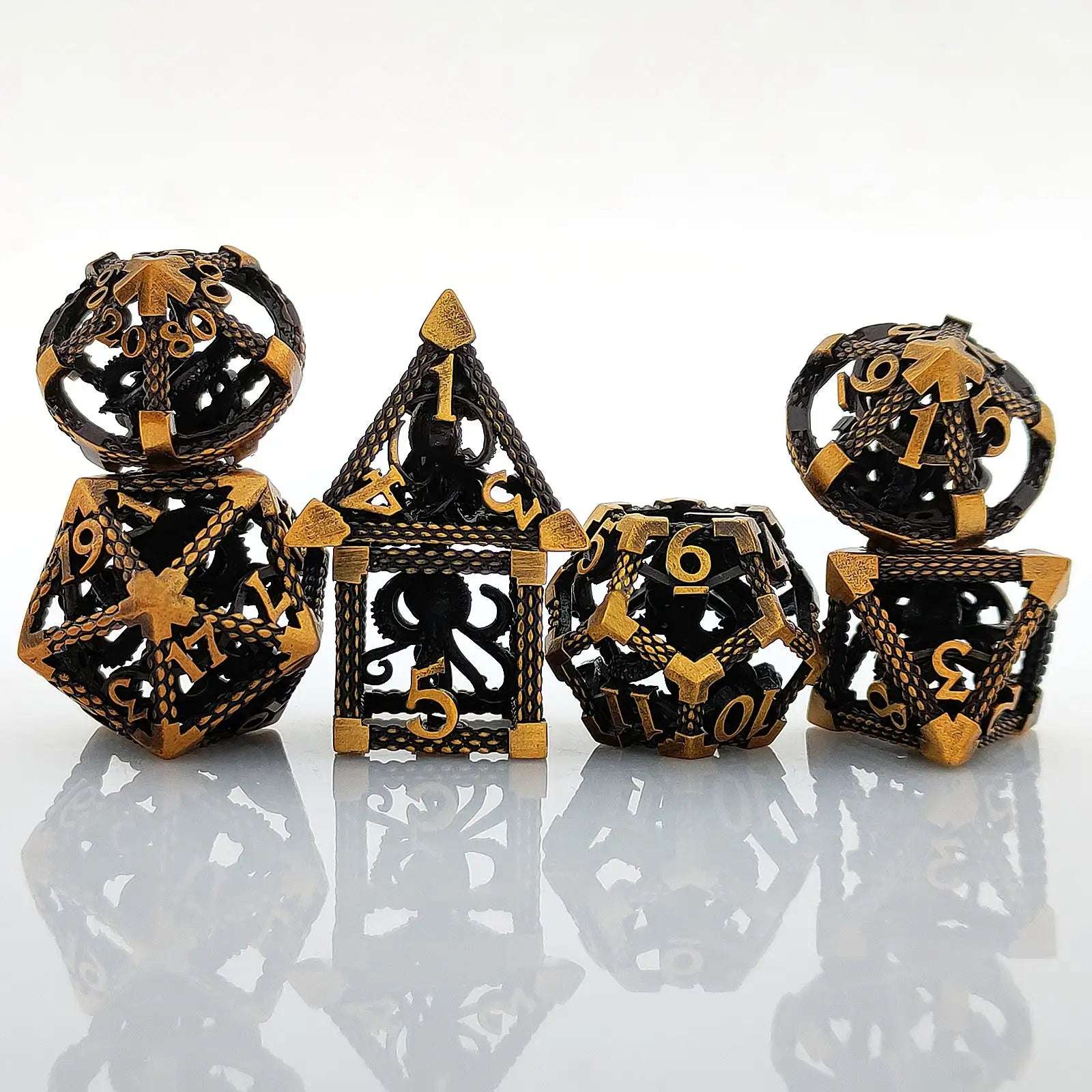 Deep Sea Monster - Gold 3D Octopus Hollow Metal RPG Dice Set - Bear Dice