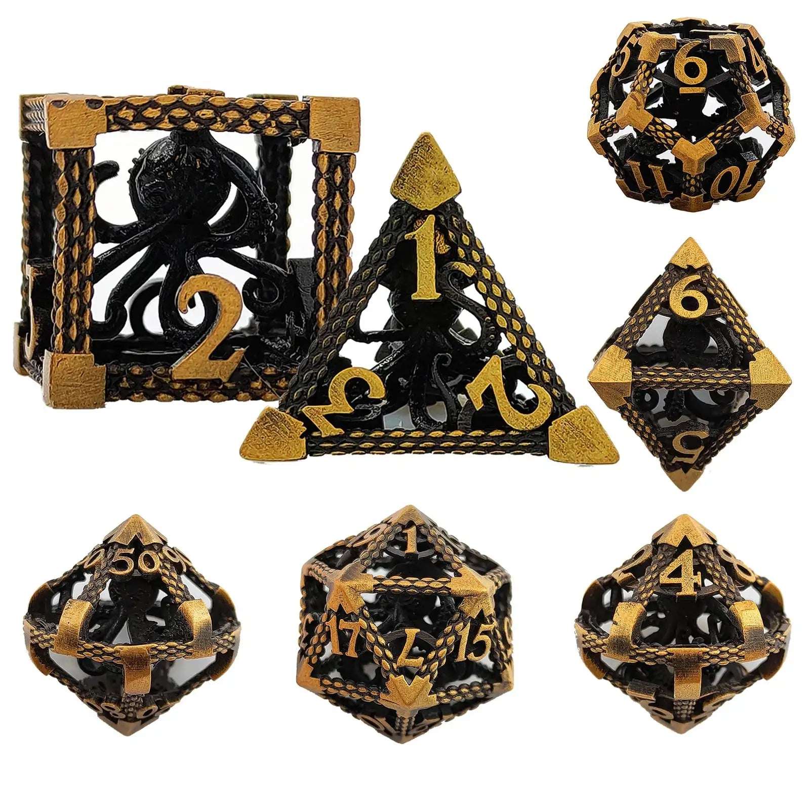 Deep Sea Monster - Gold 3D Octopus Hollow Metal RPG Dice Set - Bear Dice
