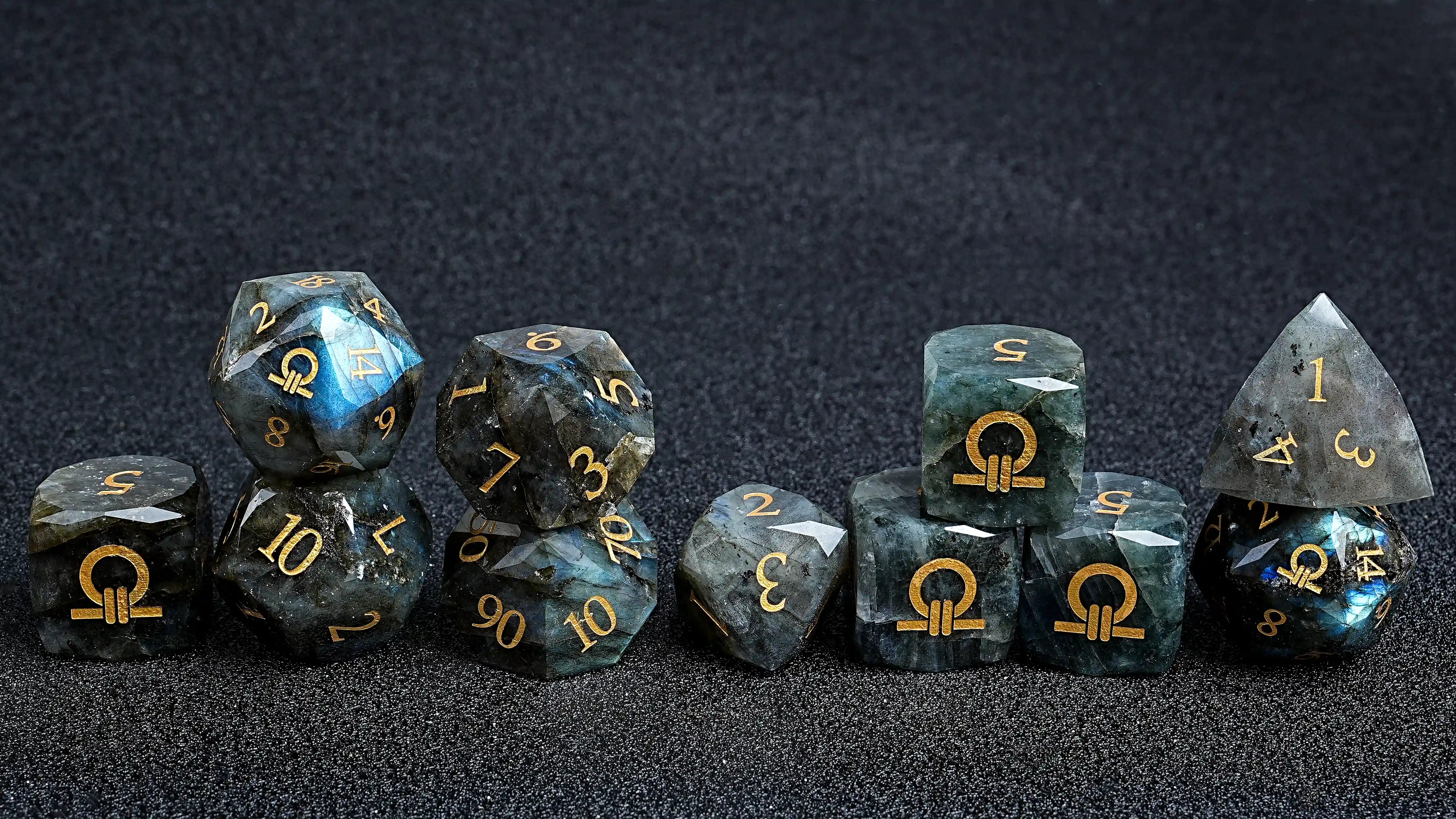 Kickstarter Dice - Natural Labradorite DND Dice 11-Piece Dice Set, engraved with the Ring of Order pattern | Bear Dice
