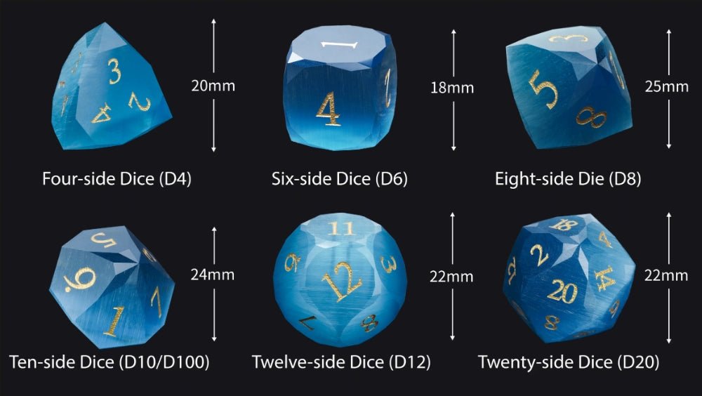 DND Dice | Diamond Polyhedron Sky Blue Glass Gemstone Dice Set with Gold Font - Bear Dice
