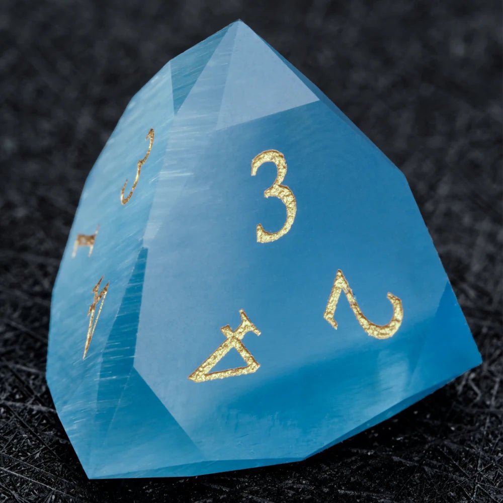 DND Dice | Diamond Polyhedron Sky Blue Glass Gemstone Dice Set with Gold Font - Bear Dice
