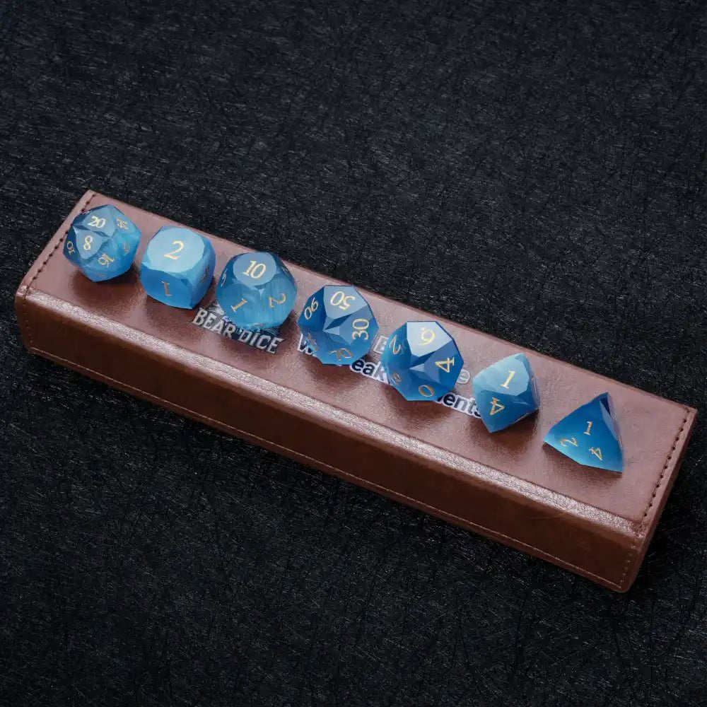 DND Dice | Diamond Polyhedron Sky Blue Glass Gemstone Dice Set with Gold Font - Bear Dice