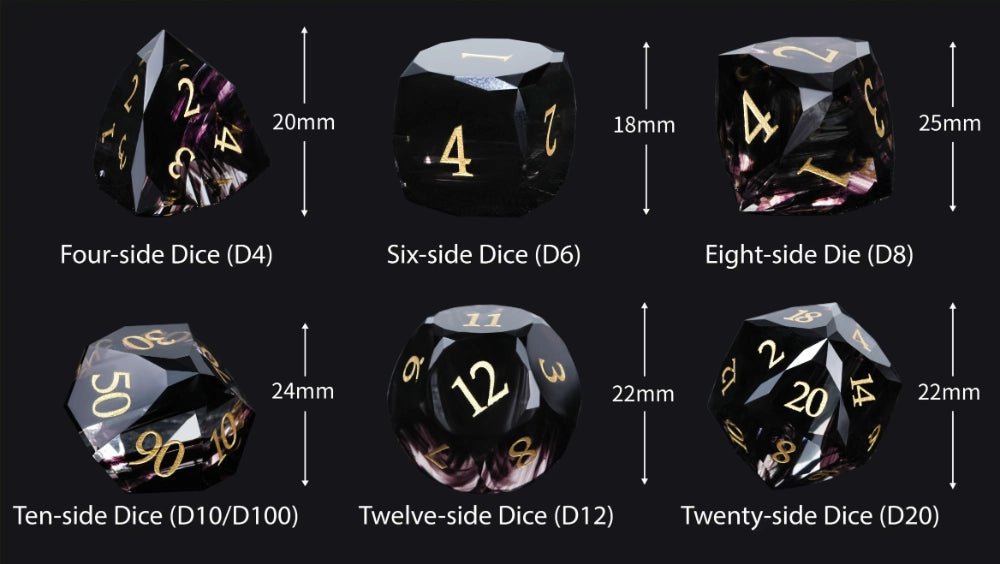 DND Dice - Obsidian Gemstone Multi - Sided Dice Set + Gold Numbers - Bear Dice