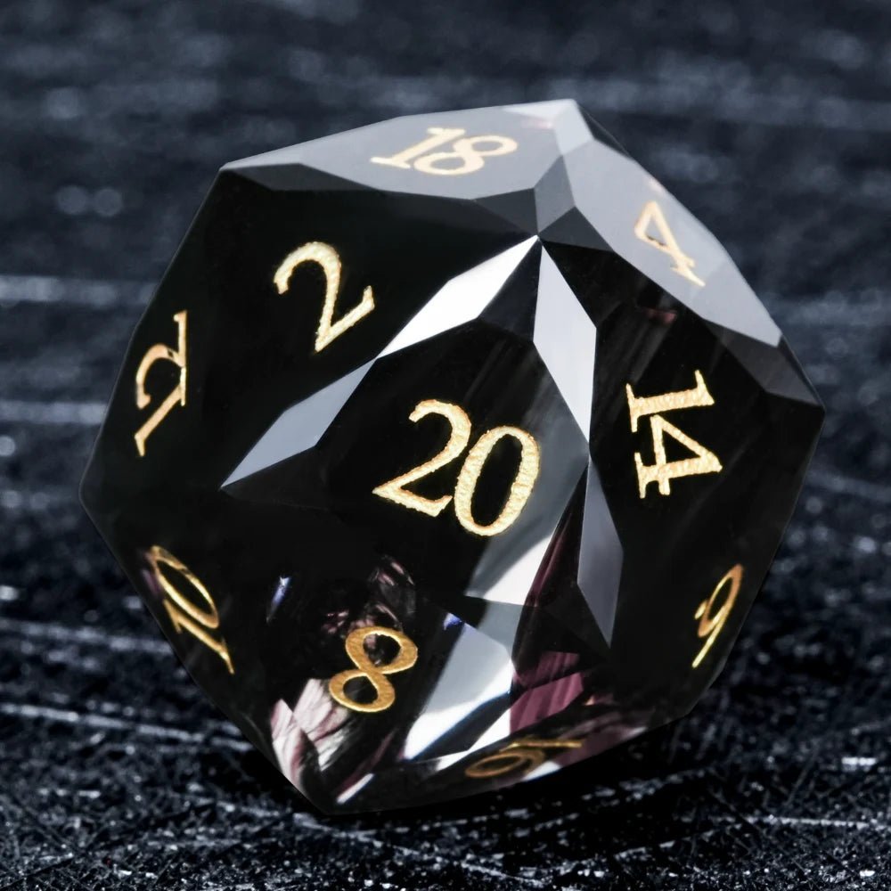 DND Dice - Obsidian Gemstone Multi - Sided Dice Set + Gold Numbers - Bear Dice