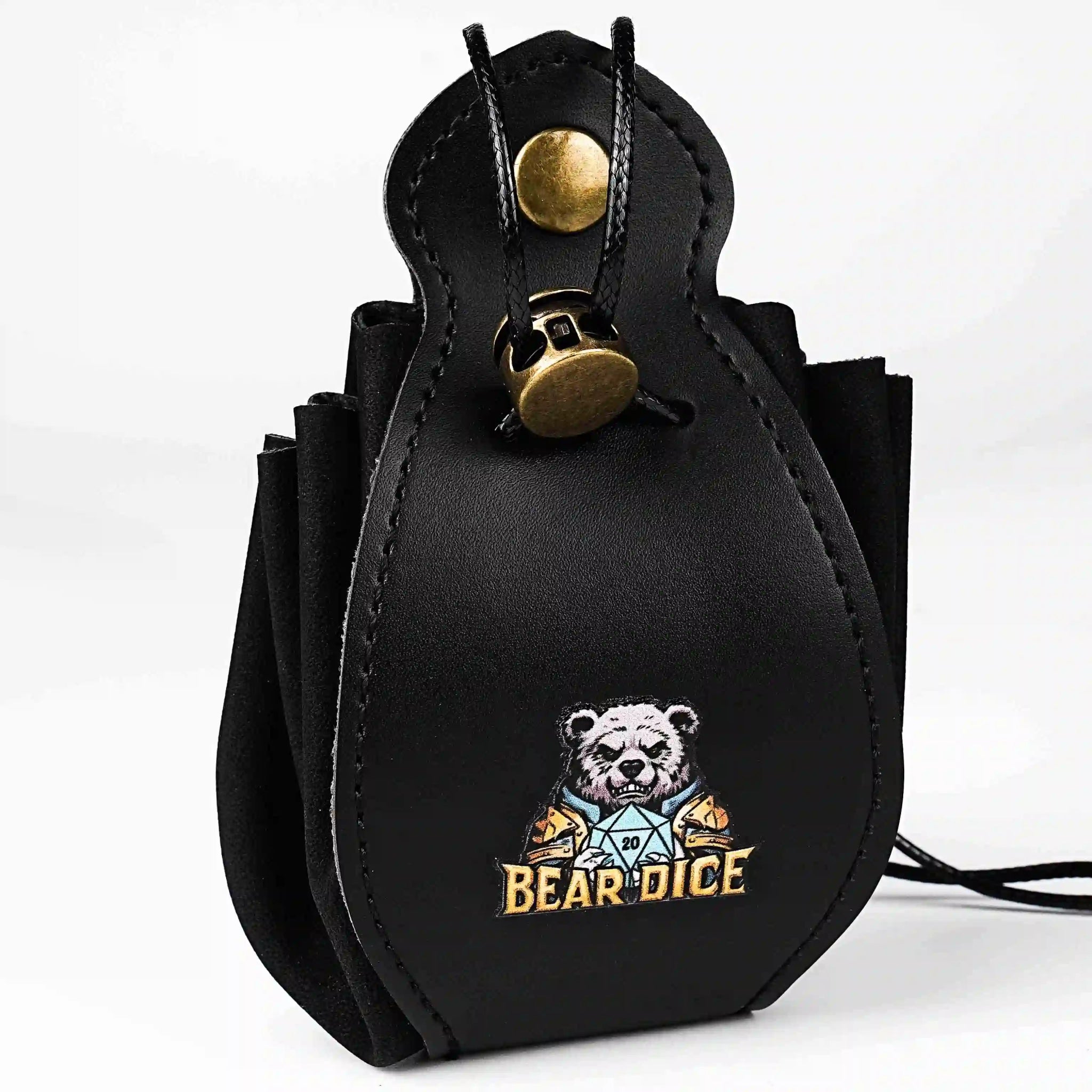 DND Premium Leather Drawstring Dice Set Bag with Button + Bear Dice Logo - Bear Dice