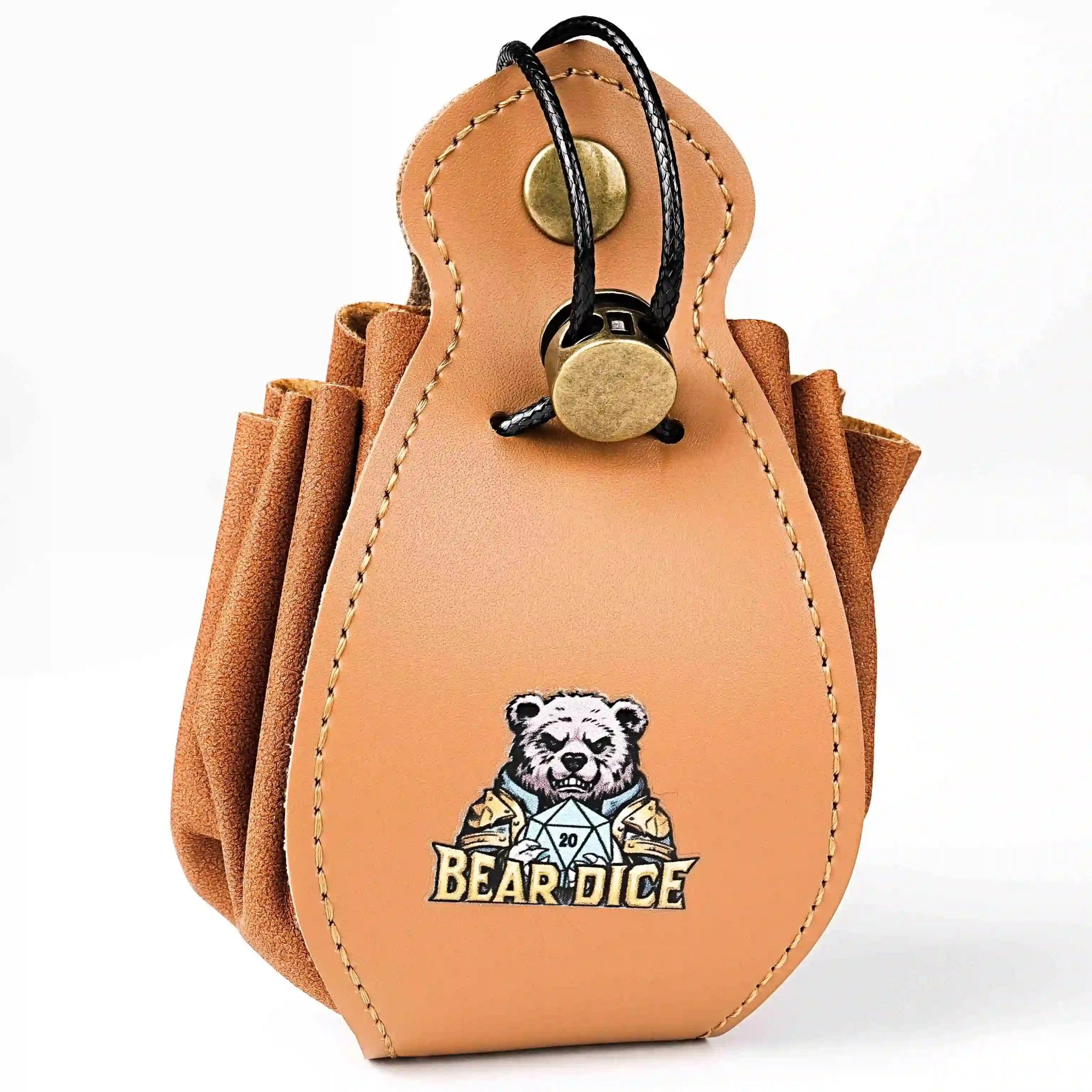 DND Premium Leather Drawstring Dice Set Bag with Button + Bear Dice Logo - Bear Dice