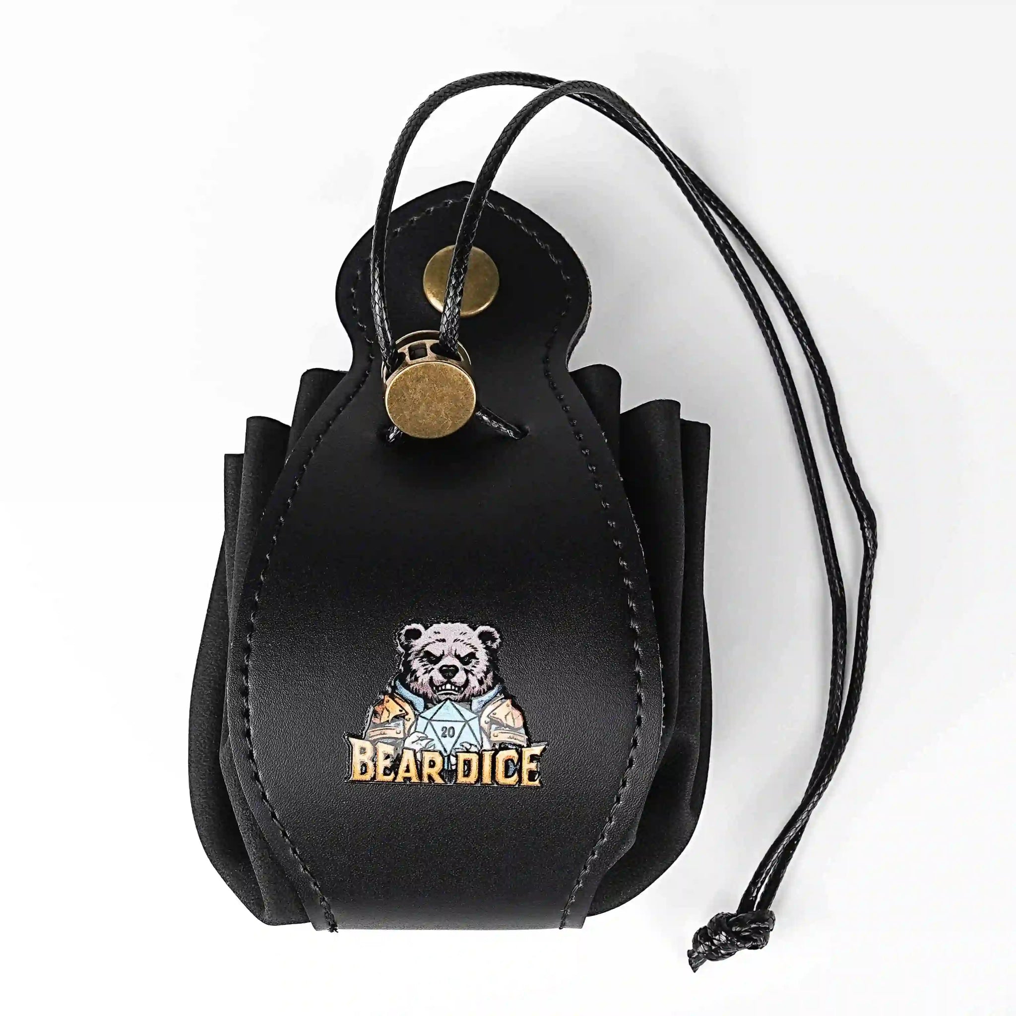 DND Premium Leather Drawstring Dice Set Bag with Button + Bear Dice Logo - Bear Dice