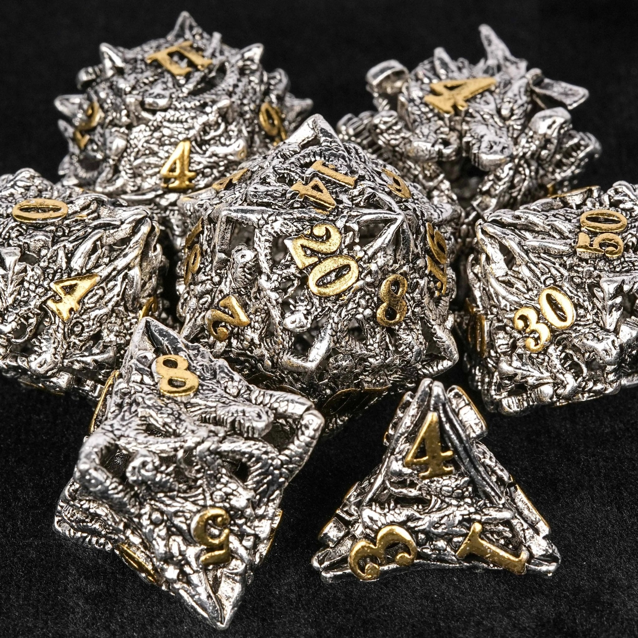 dungeons and dragons silver shaped dragon head metal hollow dice set - Bear Dice