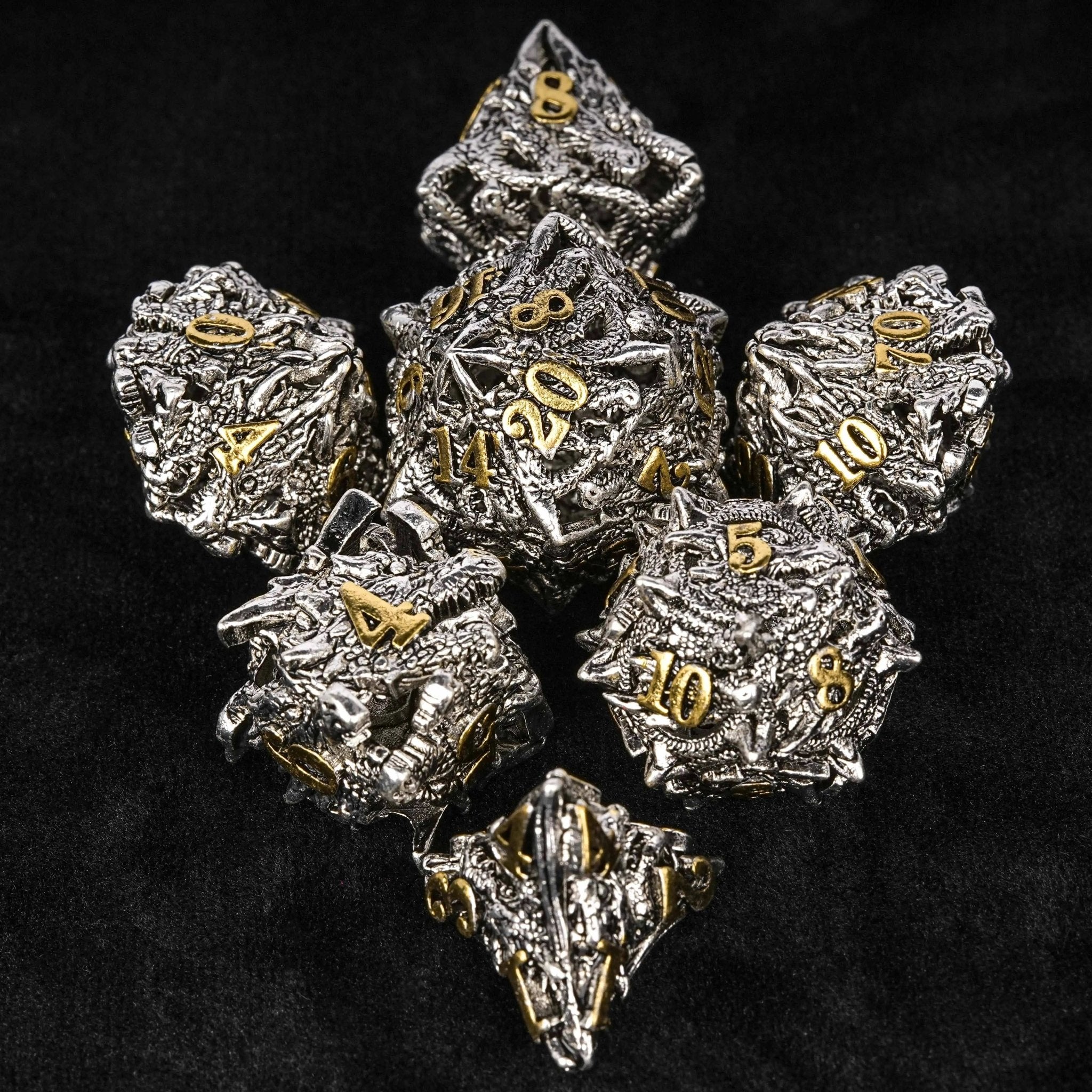 dungeons and dragons silver shaped dragon head metal hollow dice set - Bear Dice