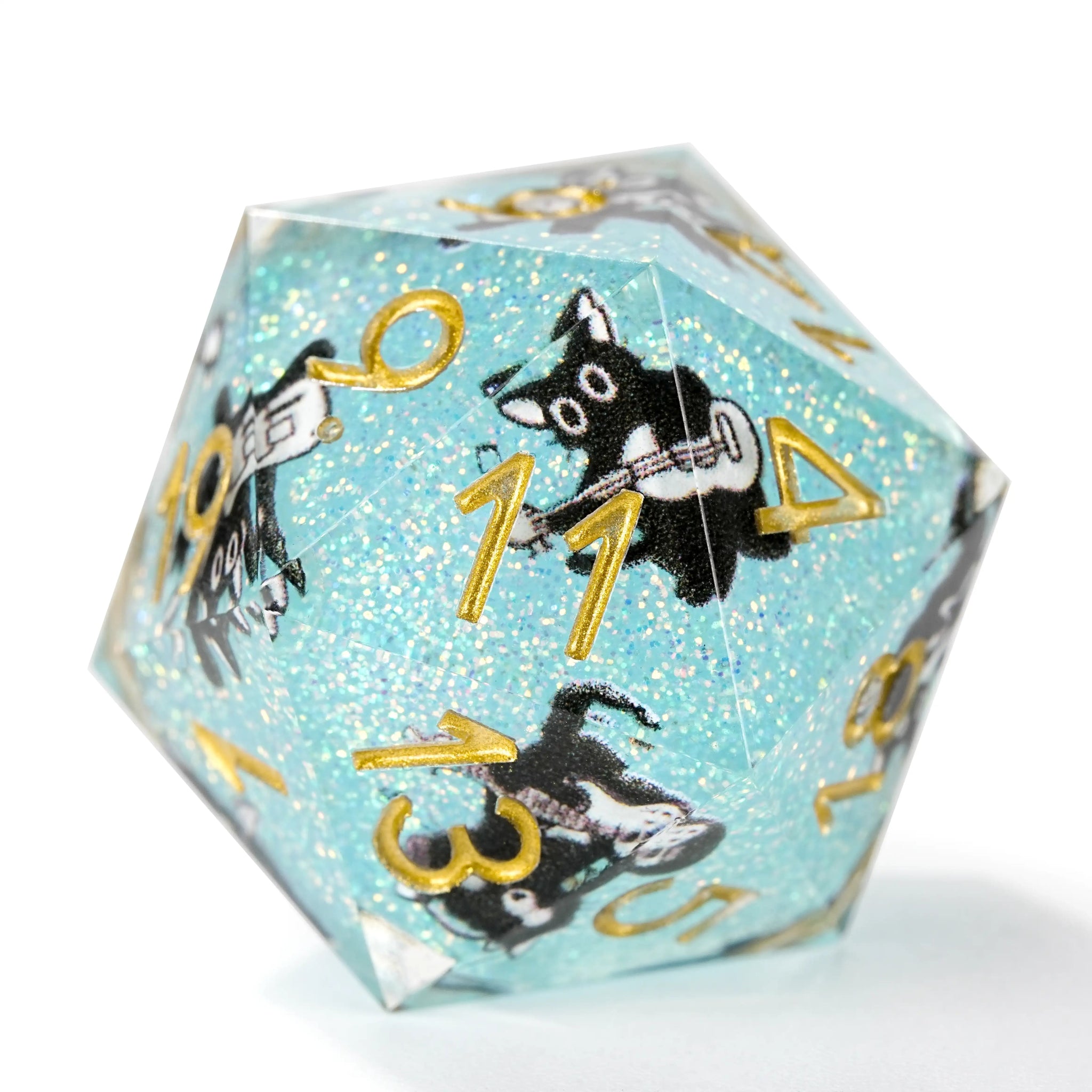 Dynamic Music Black Cat Light Blue Glitter Resin DND Dice Set + Gold Font - Bear Dice