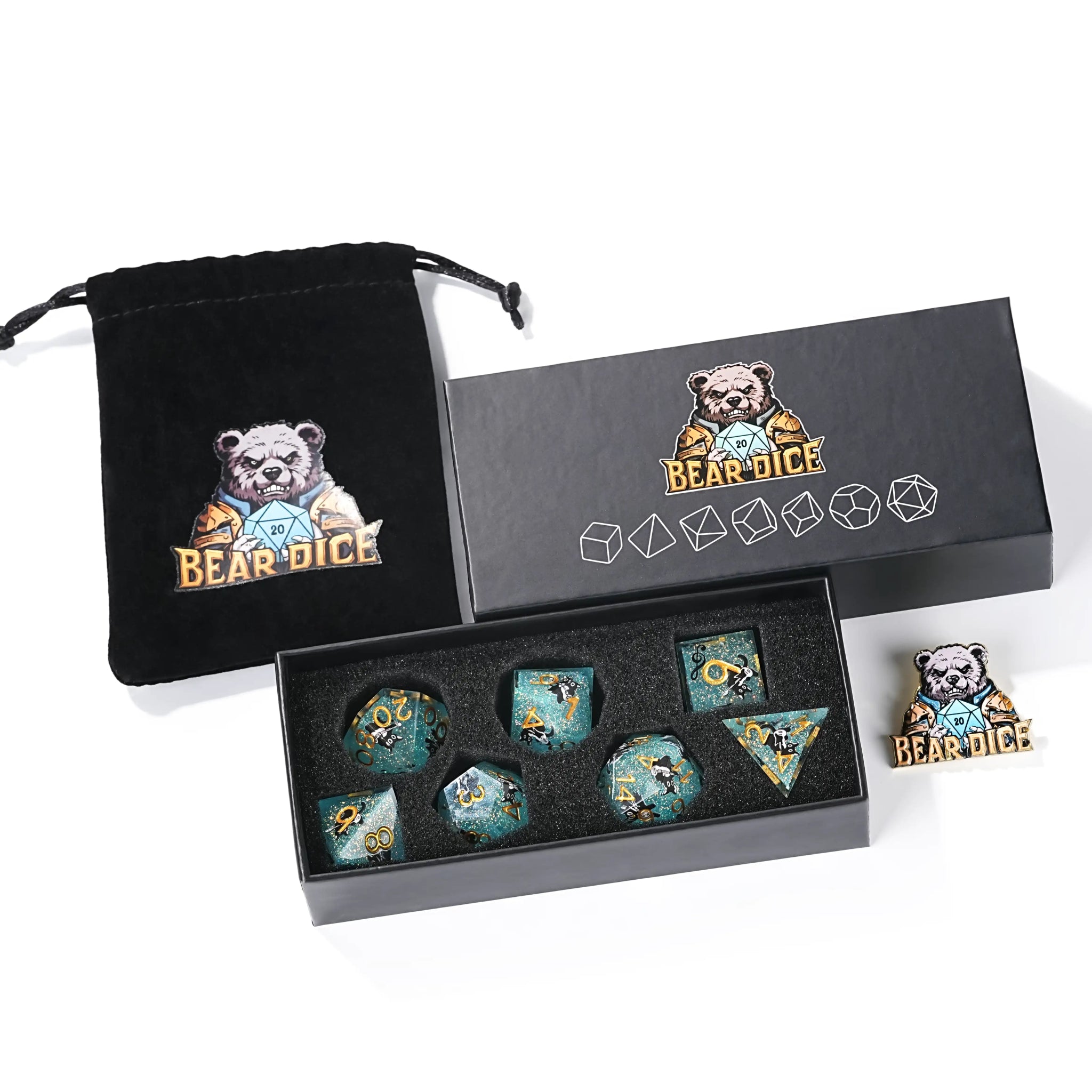 Dynamic Music Black Cat Light Blue Glitter Resin DND Dice Set + Gold Font - Bear Dice