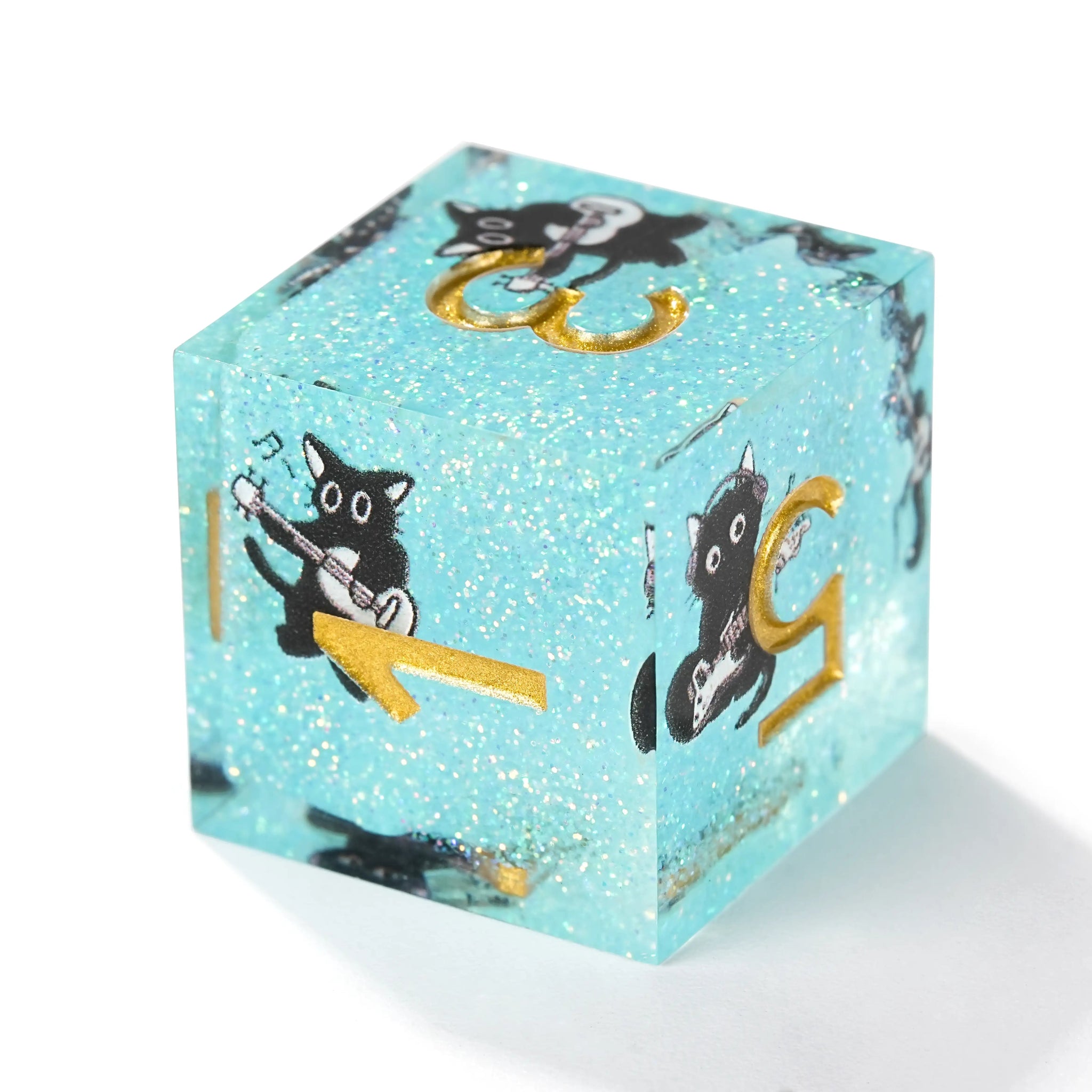 Dynamic Music Black Cat Light Blue Glitter Resin DND Dice Set + Gold Font - Bear Dice