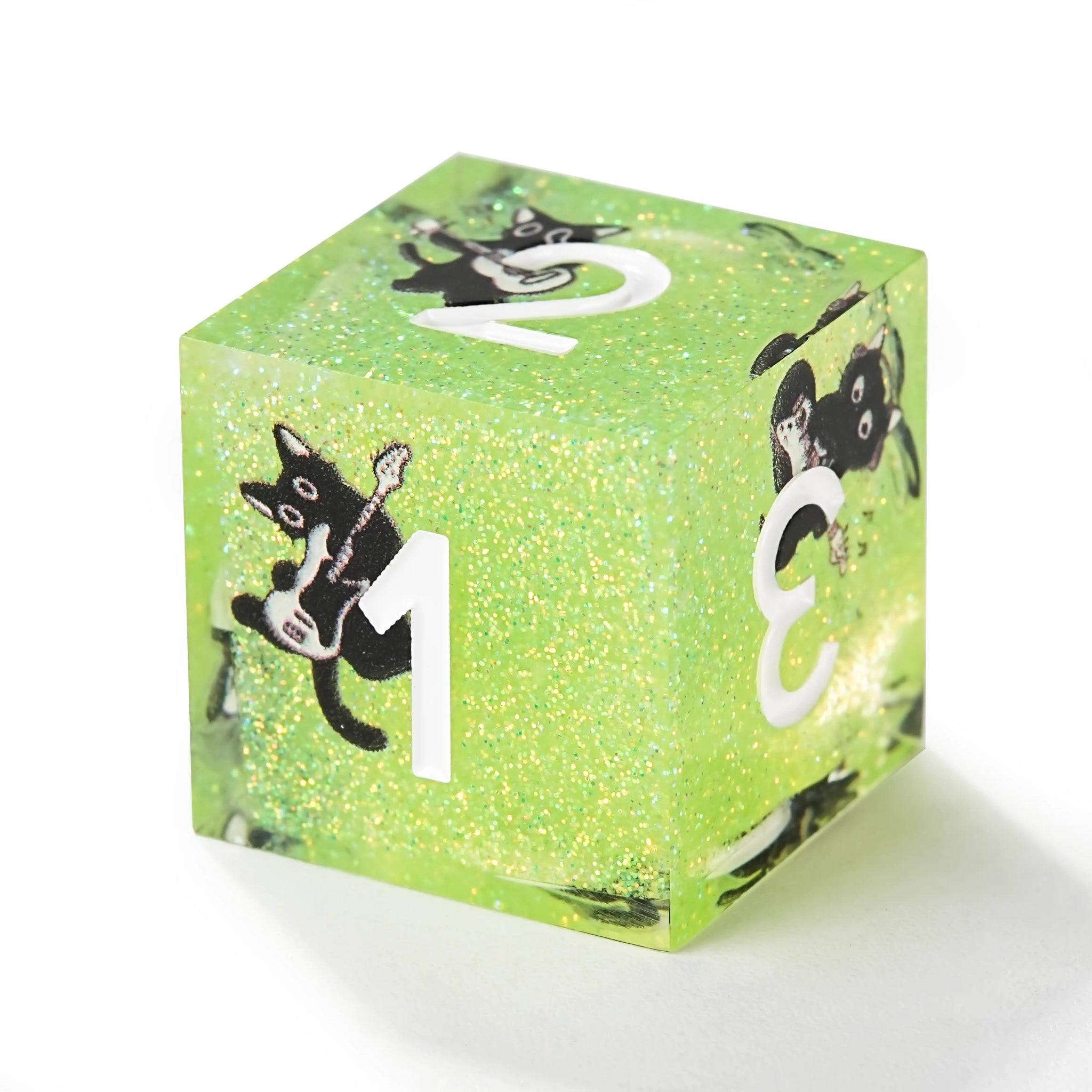 Dynamic Music Black Cat Light Blue Glitter Resin DND Dice Set + Gold Font - Bear Dice