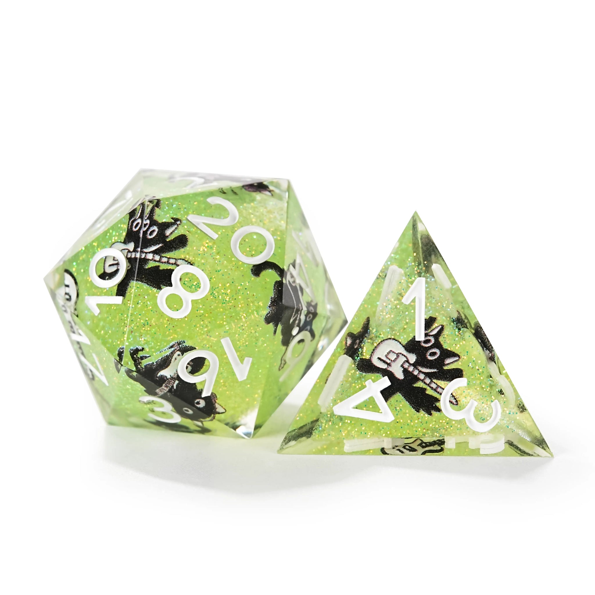 Dynamic Music Black Cat Light Blue Glitter Resin DND Dice Set + Gold Font - Bear Dice