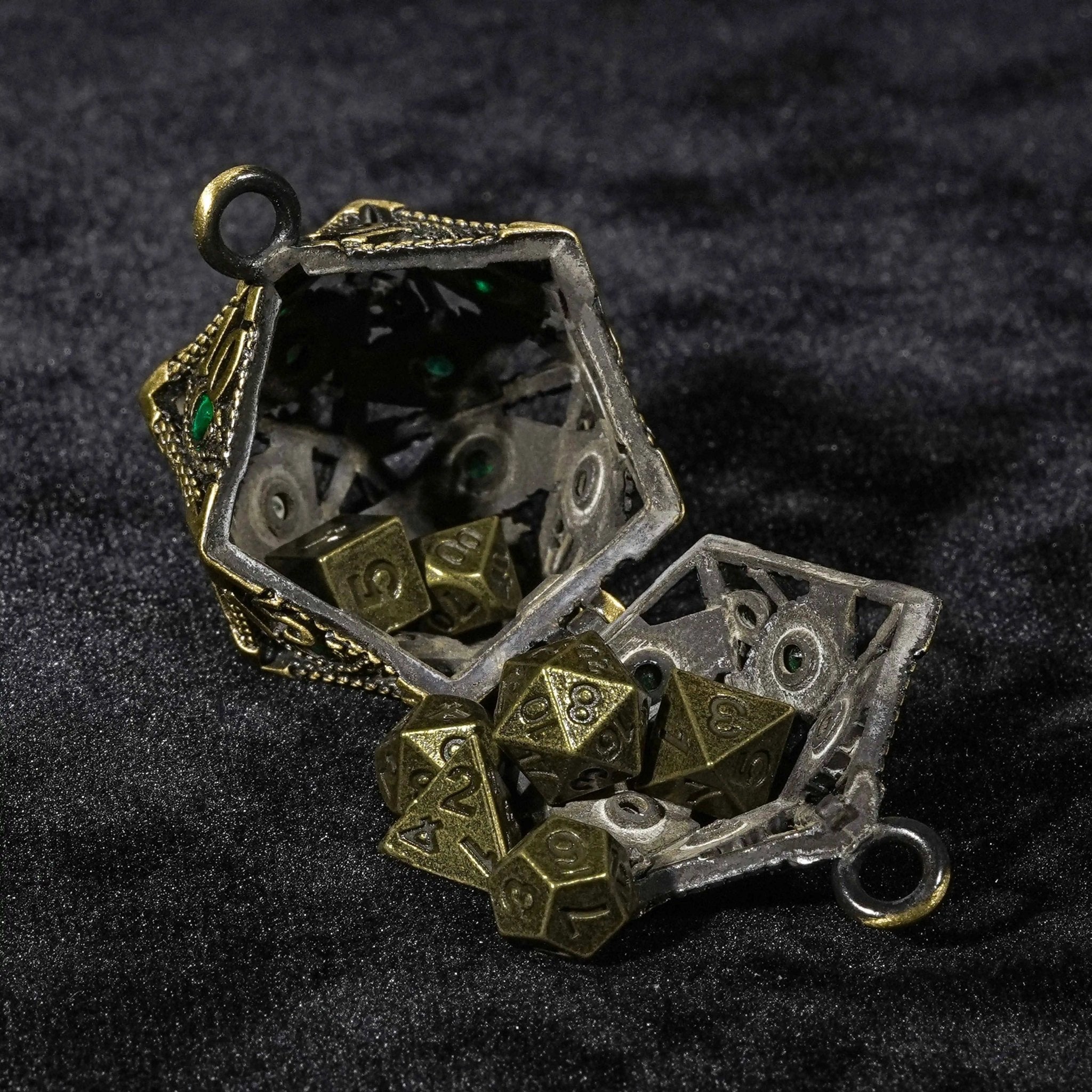 Emerald Gem Dragon Eye Metal Hollow D20 Dice Pendant + 7 Mini Metal Dice Set - Bear Dice