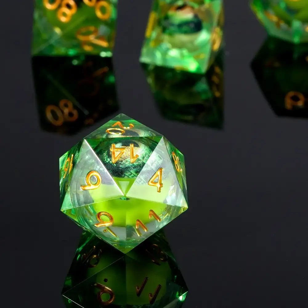 Fierce Crocodile Eyes Liquid Core Resin DND Dice Set + Gold Lettering - Bear Dice