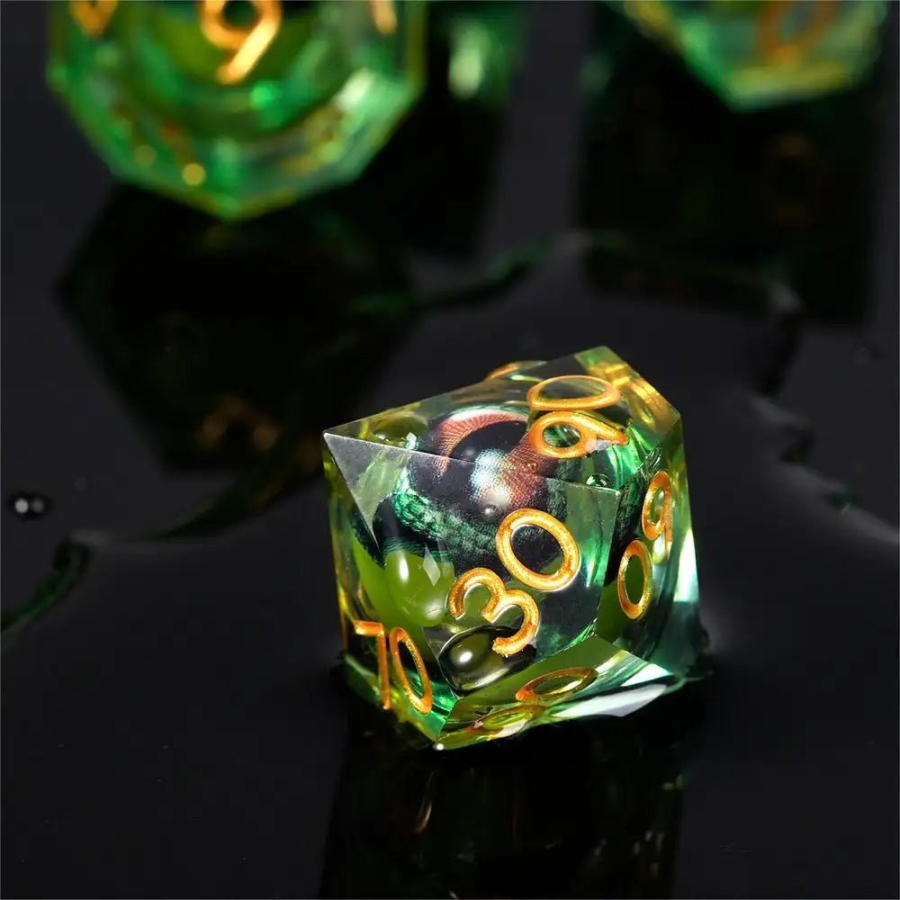 Fierce Crocodile Eyes Liquid Core Resin DND Dice Set + Gold Lettering - Bear Dice