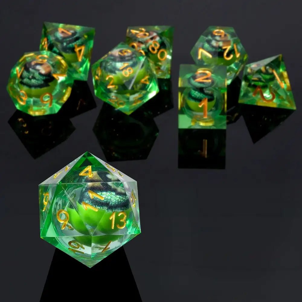 Fierce Crocodile Eyes Liquid Core Resin DND Dice Set + Gold Lettering - Bear Dice
