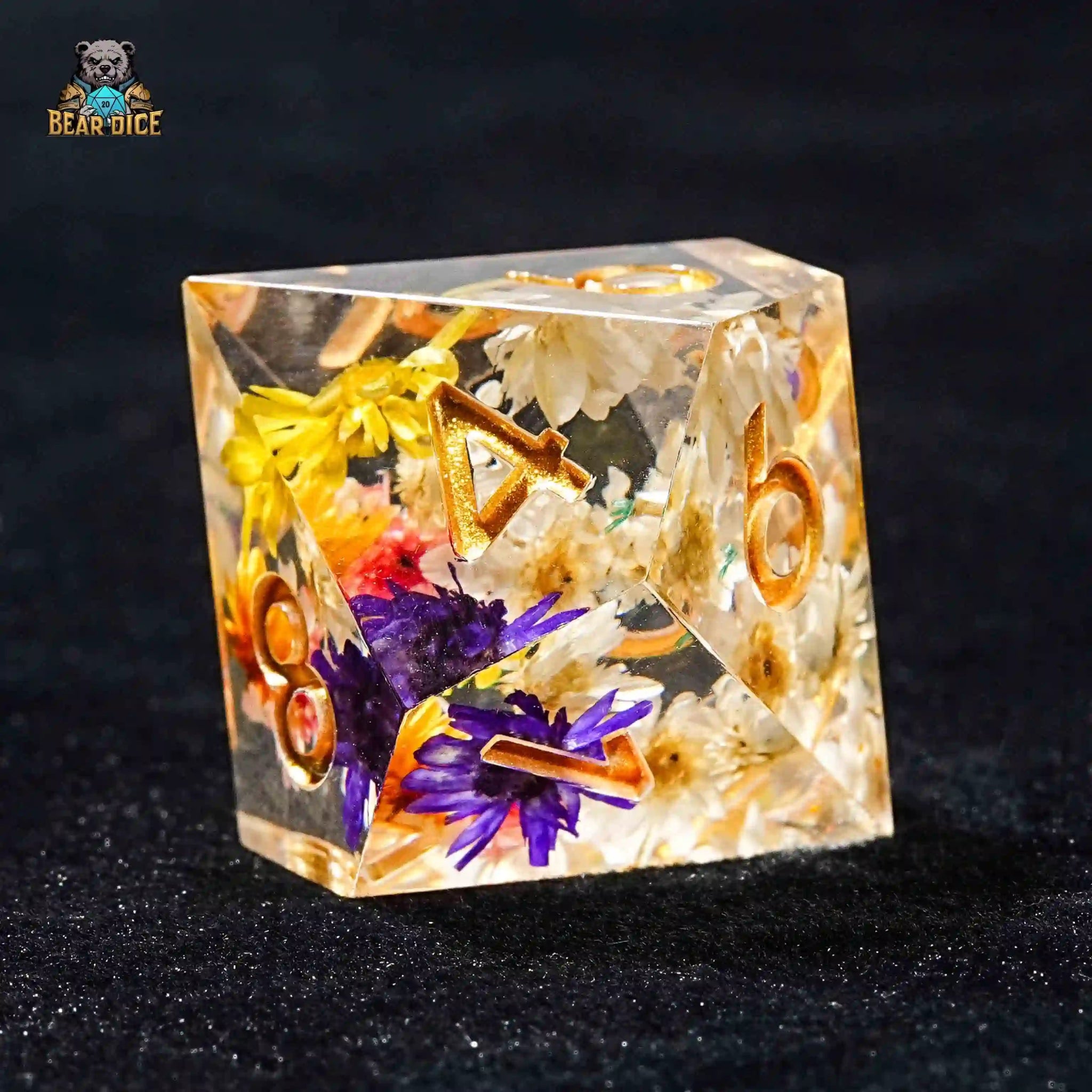 Floral Crystal Clear Resin Dice with Gold Numbers 10 Sided Dice (D10 Dice) - Bear Dice