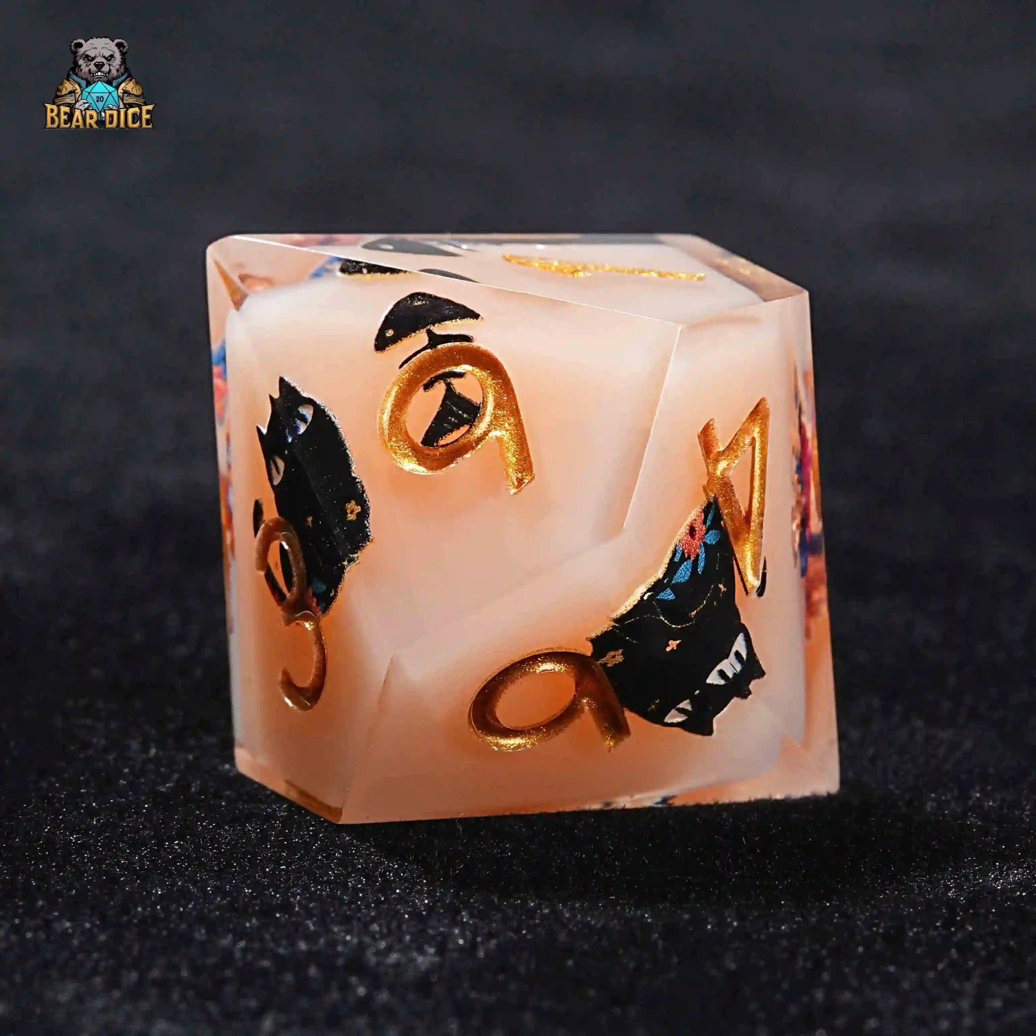 Flower Black Cat 10 Sided Dice Flesh Pink Resin D&D D10 Dice - Bear Dice