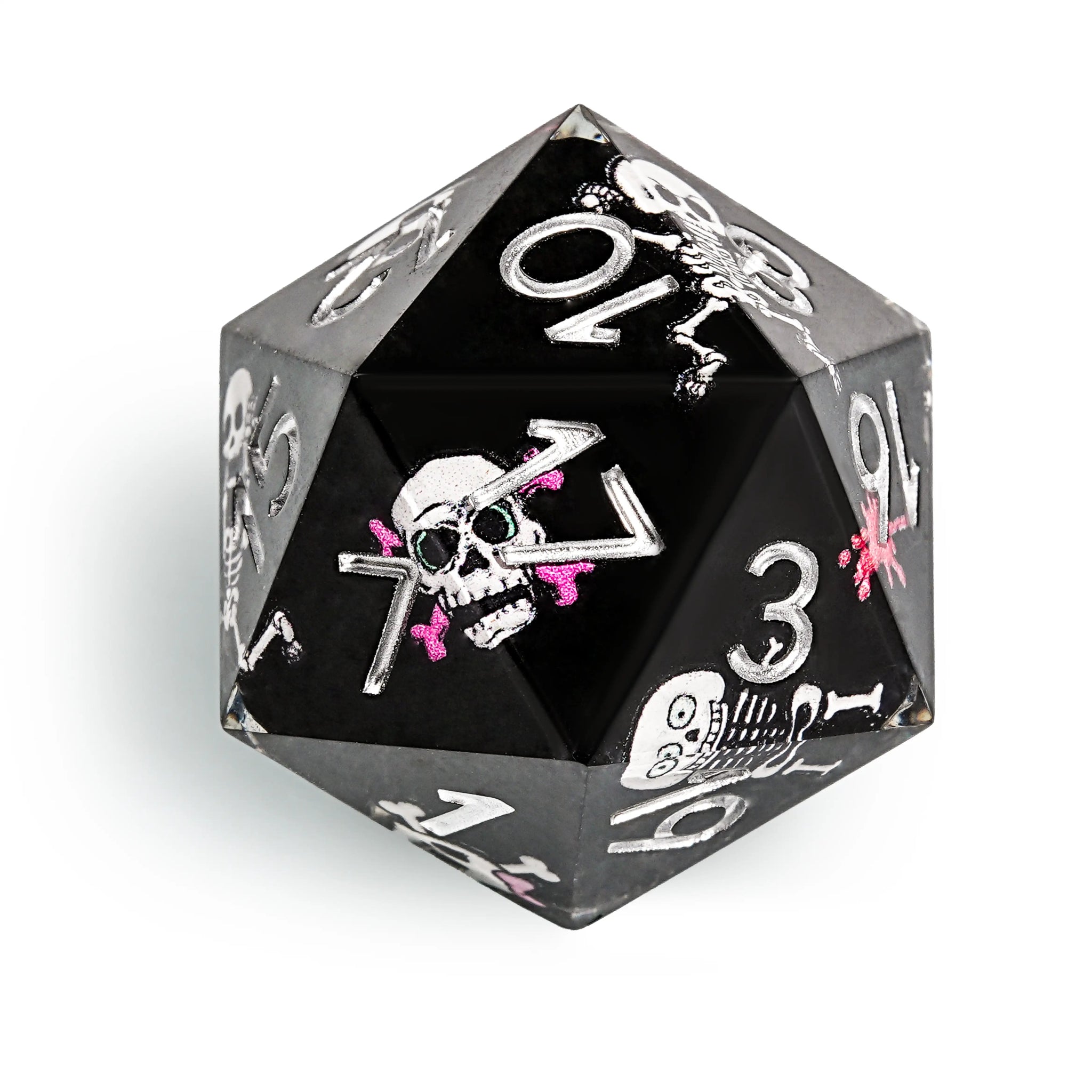 Funny Skull Black Resin DND Dice Set + Silver Numbers - Bear Dice