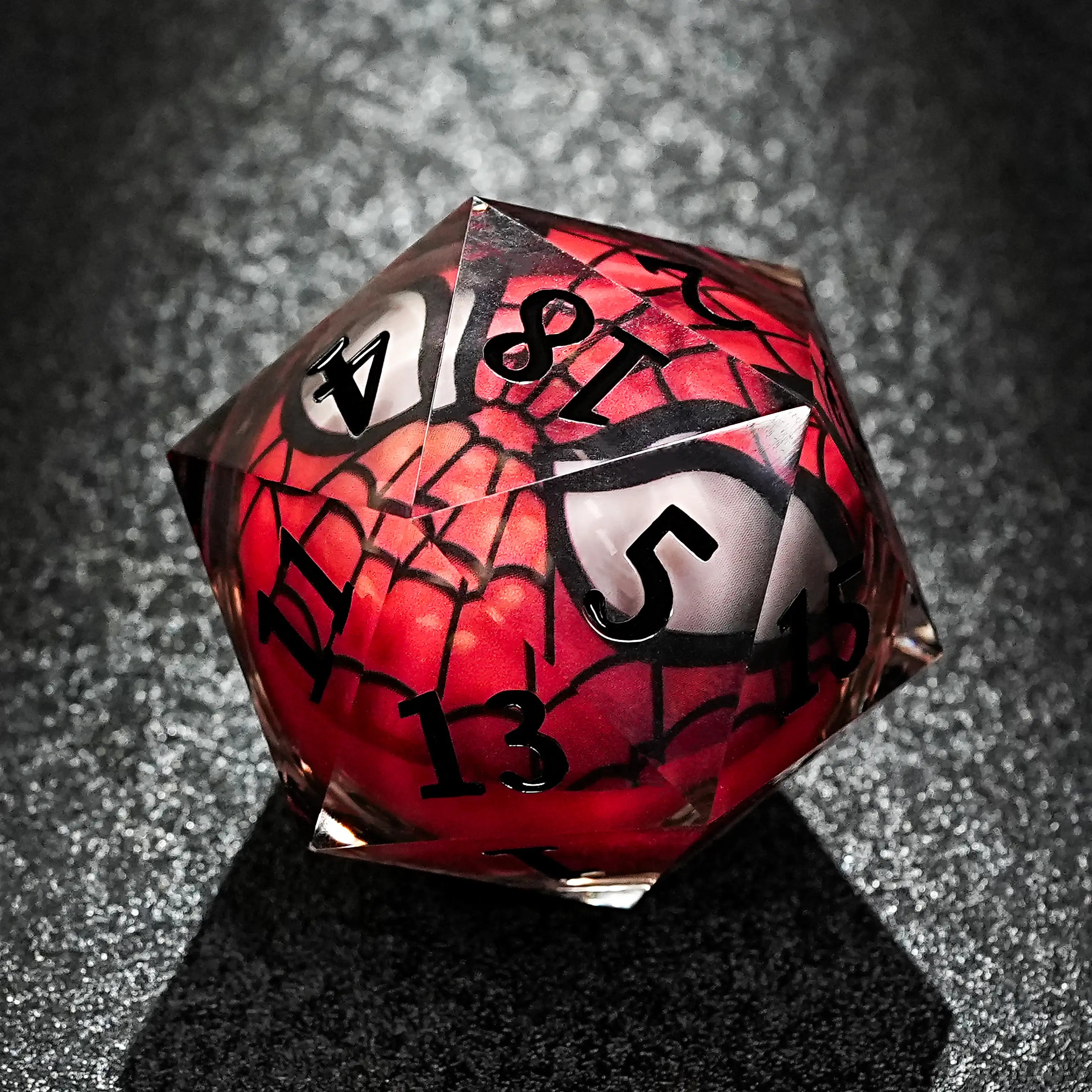 Giant D20 Red Spider Web Theme Clear Resin DND Dice - 50mm