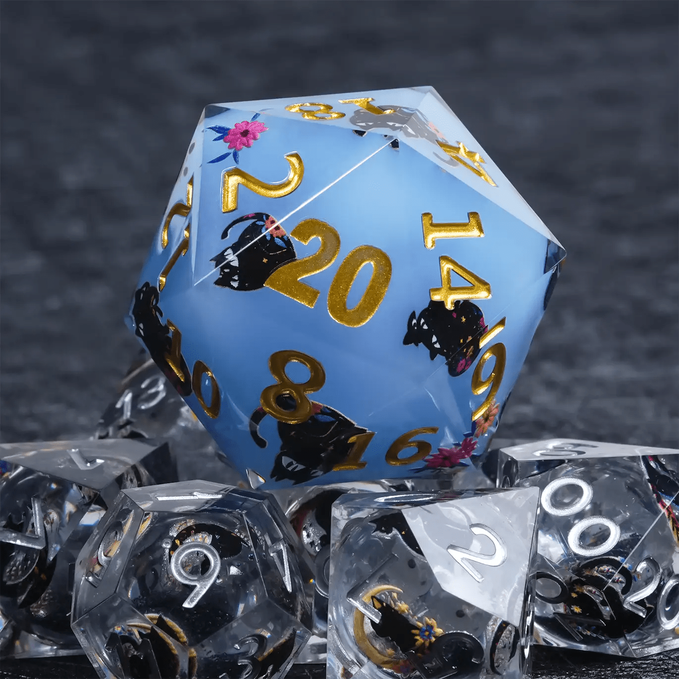 Giant D20 Dice (Black Cat Gold Lettering) 35mm Resin RPG Monster Dice - Bear Dice
