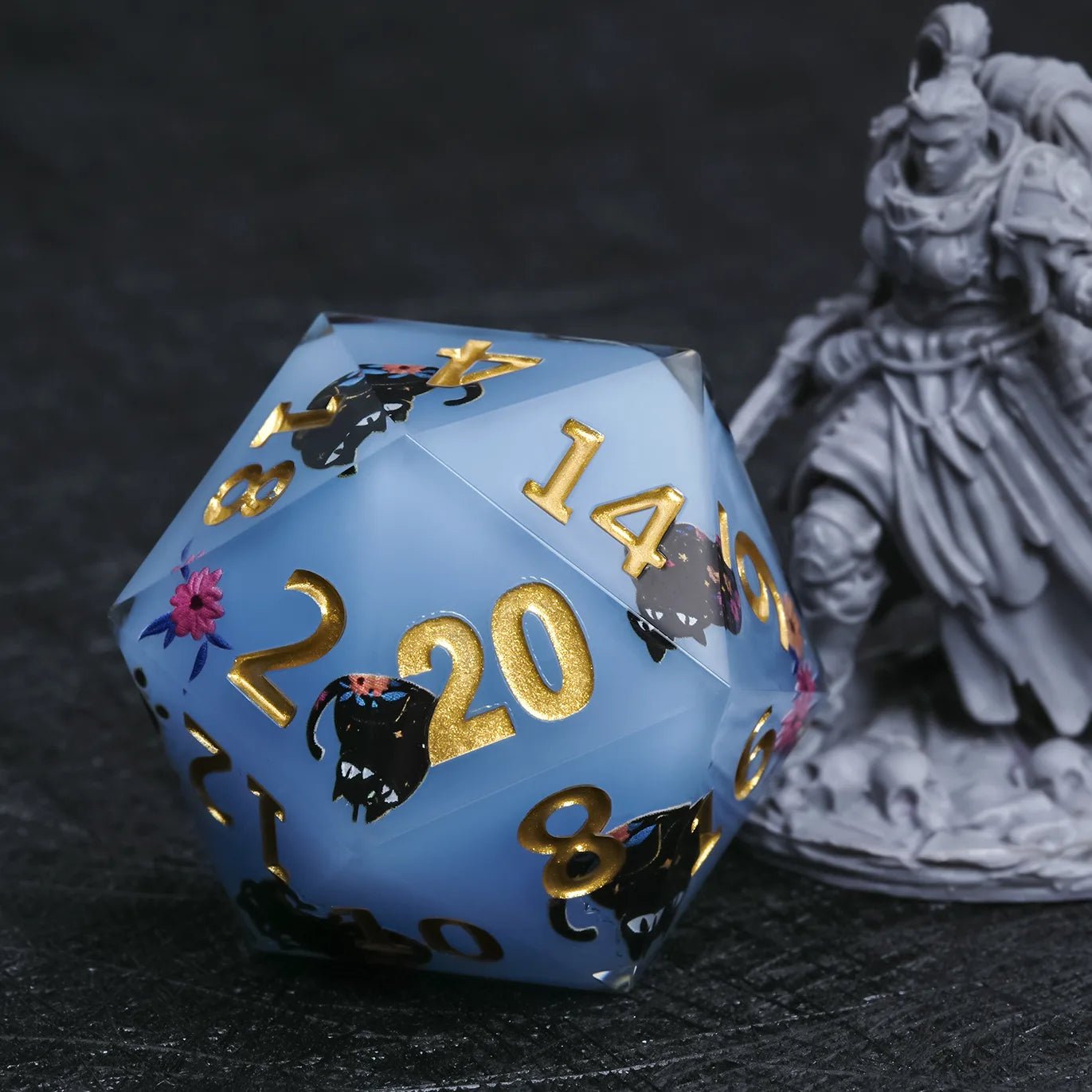 Giant D20 Dice (Black Cat Gold Lettering) 35mm Resin RPG Monster Dice - Bear Dice
