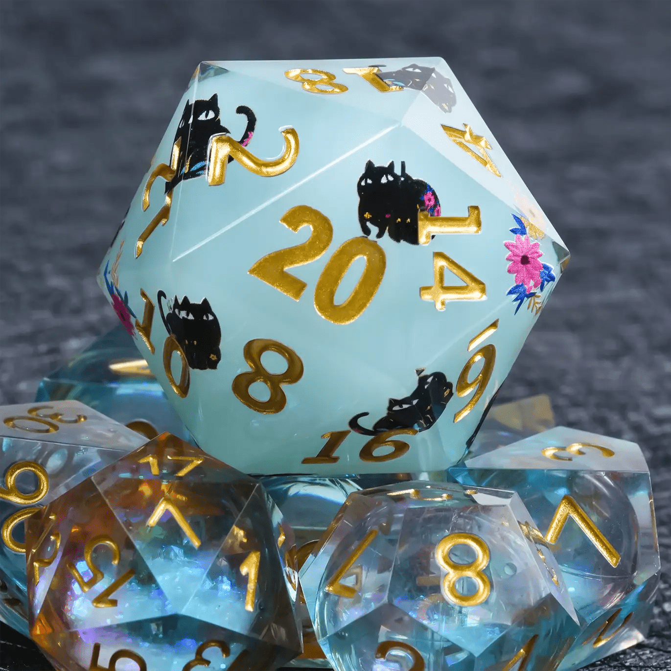 Giant D20 Dice (Black Cat Gold Lettering) 35mm Resin RPG Monster Dice - Bear Dice